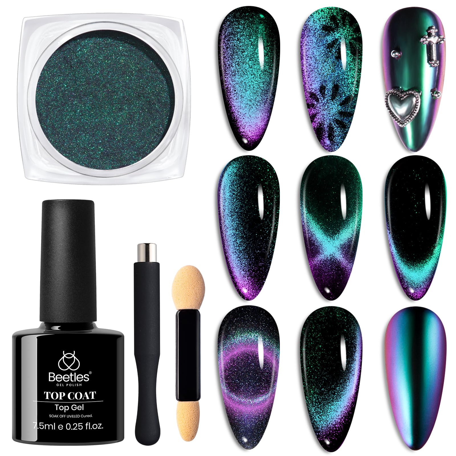 Beetles Cat Eye Chrome Nail Powder Set, 2 In 1 Holographic Metallic Mirror Effect Chameleon Galaxy Powder With No Wipe Uv Gel To