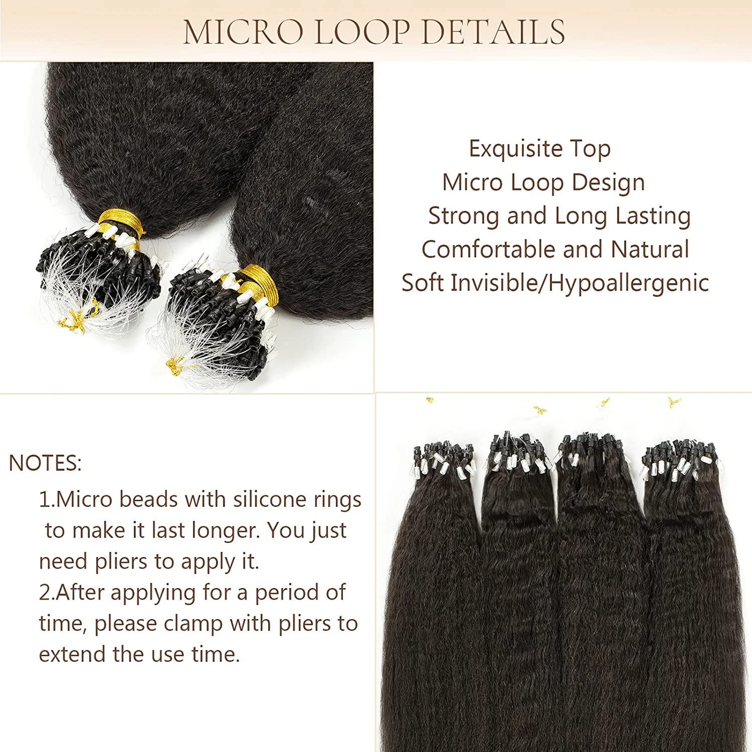 Microlink Hair Extensions Human Hair Kinky Straight 14Inch Coarse Straight Natural Color Silky Soft Micro Rings Hair Extensions
