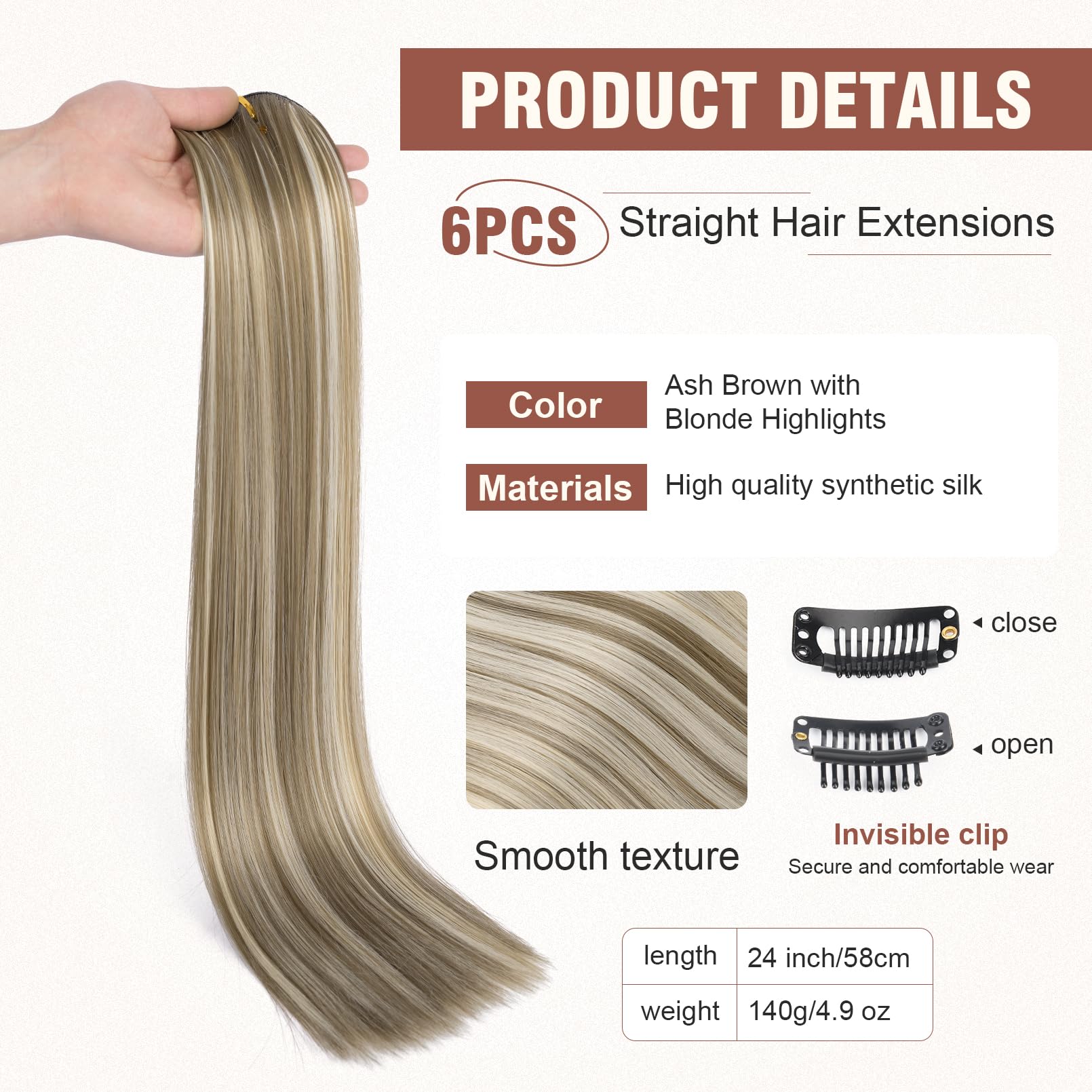 Flufymooz 6Pc Clip In Hair Extensions 24'' Straight Long Extensions For Women Synthetic Hairpiece (Ash Brown With Blonde Highlig