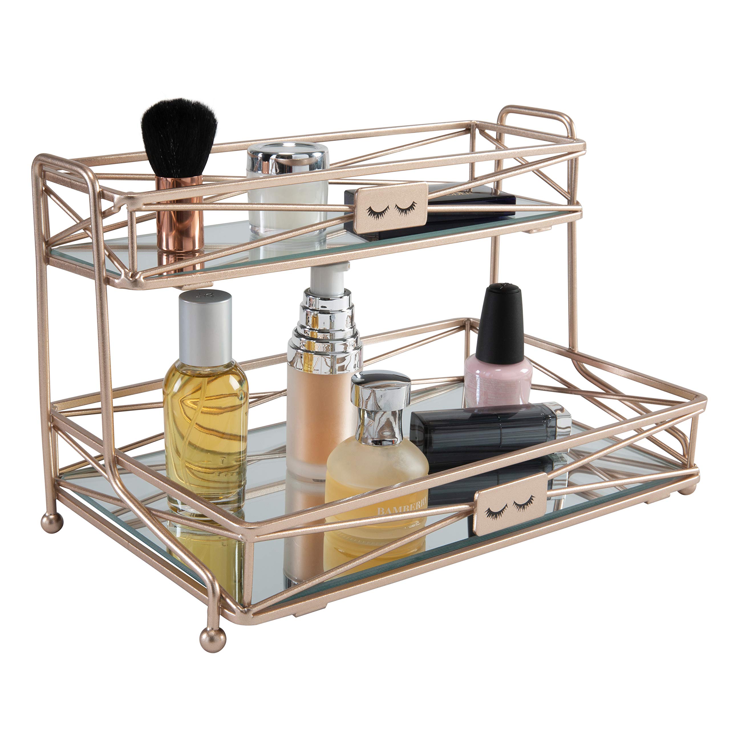 Home Details Mirrored, Perfect for Perfumes, Jewelry, Makeup, Cosmetic Organizer, Stylish Decor in Rose Gold 2 Tier Vanity Tower