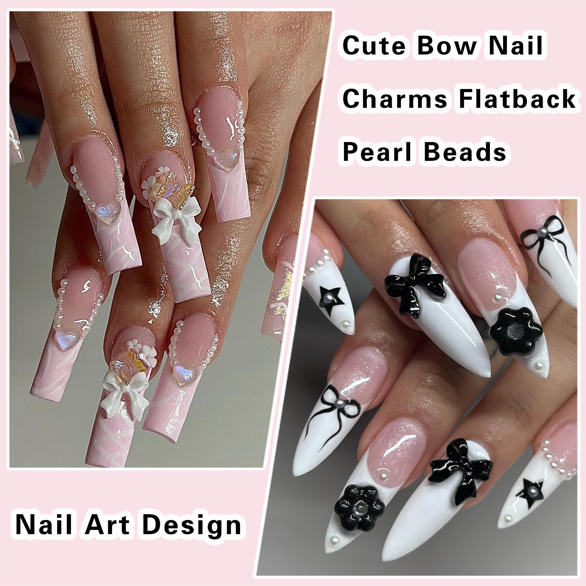 300Pcs Bow Nail Charms And Flatback Pearls,Black White Pink Bowknot 3D Cute Nail Charms For Acrylic Nail Supplies Design,White H