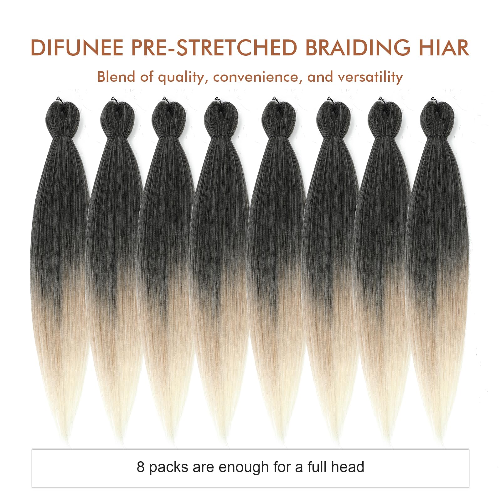 Difunee Pre-Stretched Braiding Hair - 24 Inch 8 Packs Ombre Blonde 3 Tones Long Braiding Hair For Twist Or Box Braids, Yaki Text