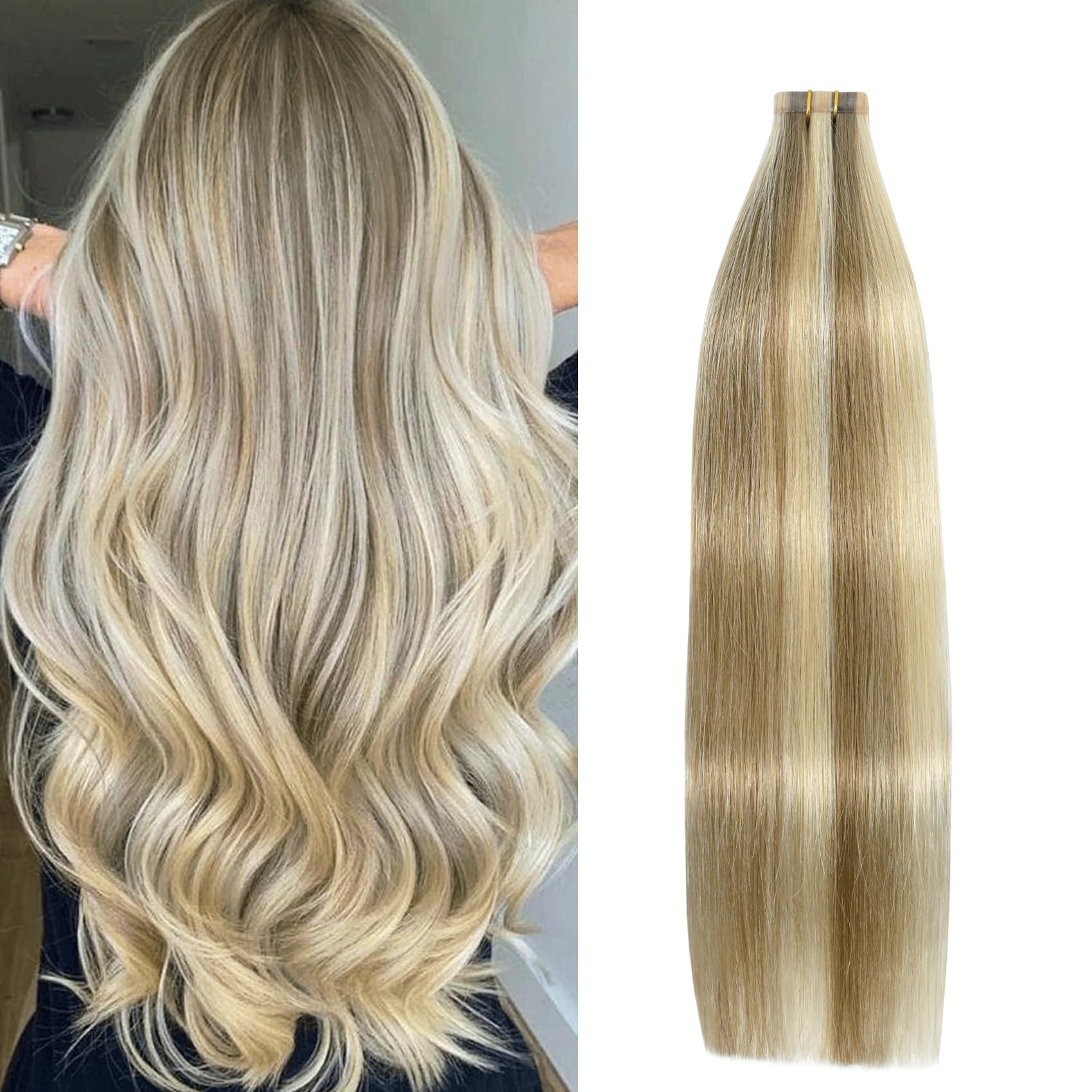 Aison Tape in Hair Extensions Ash Blonde Mixed Bleach Blonde 100% Remy Human Hair Extensions Silky Straight for Women 20 Pcs/Pac