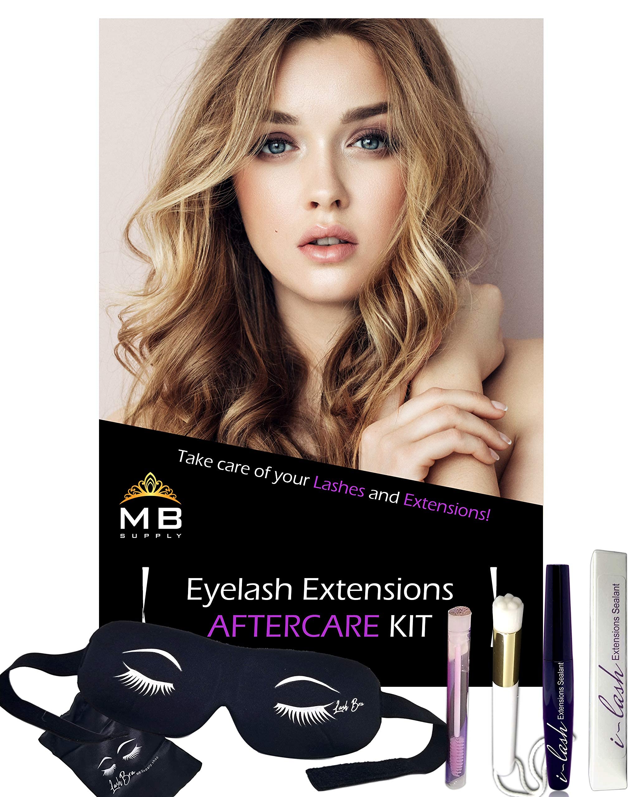 Eyelash Extensions Aftercare Kit With Sealant, Brush, Spoolie And 3D Deep Contour Sleep Mask! Protects Volume Lashes While Sleep