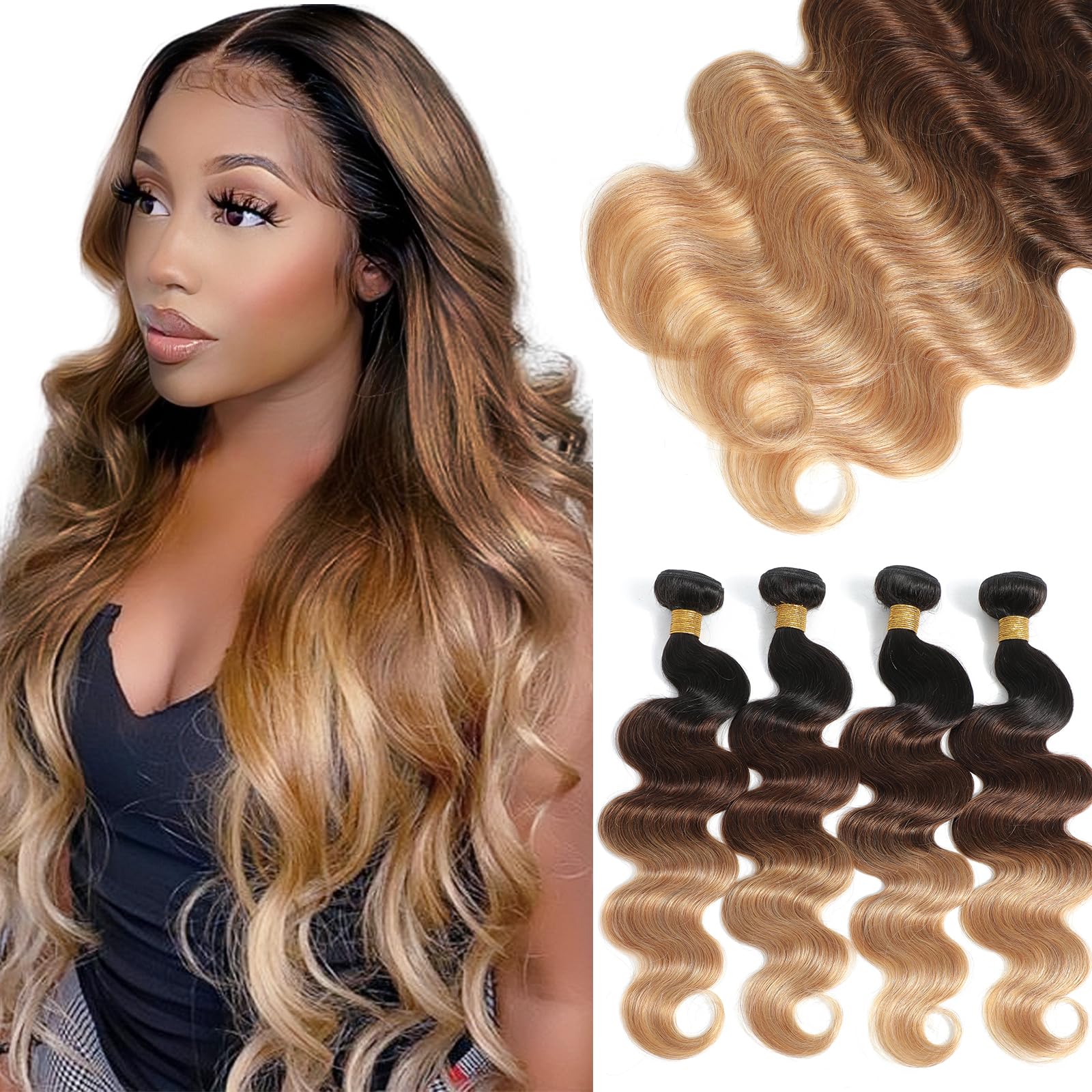 Kapelli Hair 10A Ombre Human Hair Bundles Ombre Brazilian Hair Body Wave (T1B/4/27,24 26 28 28) Ombre Brazilian Human Hair Virgi