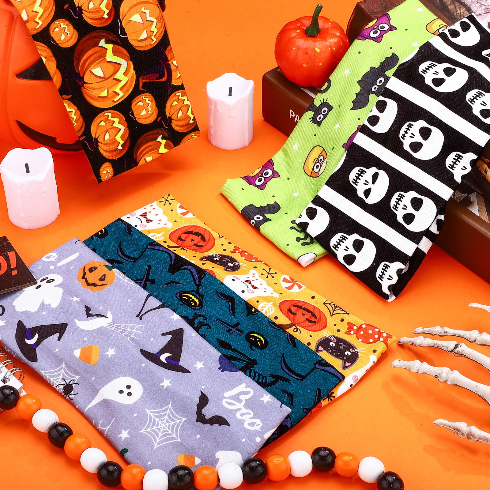 Giegxin 10 Pcs Halloween Headbands for Women Fall Thanksgiving Pumpkin Hair Band Notted Wide Elastic Hair Accessories for Holida