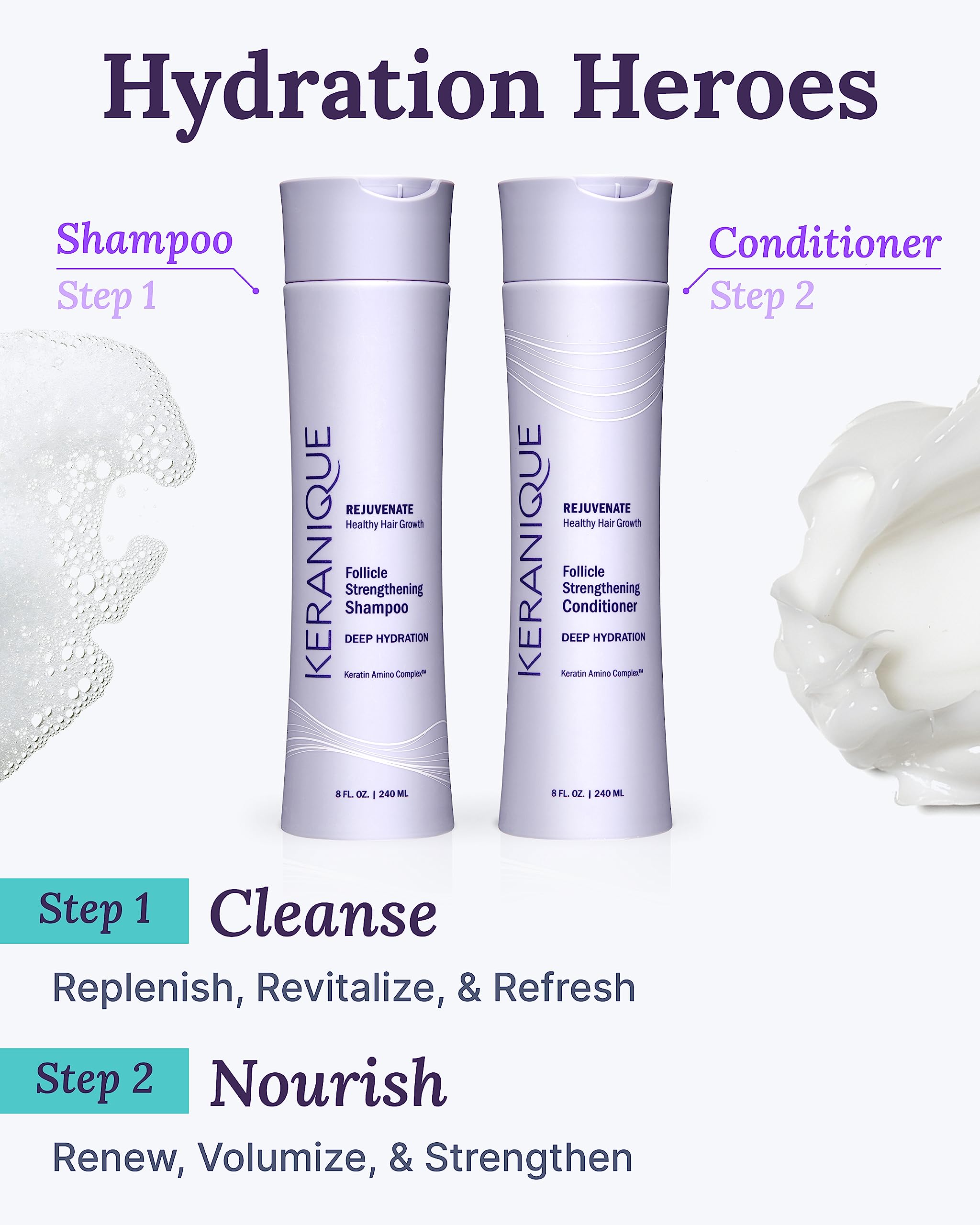 Keranique Hydrating Shampoo and Conditioner Set - Deep Hydration Hair Shampoo and Conditioner for Repairing Natural Moisture wit