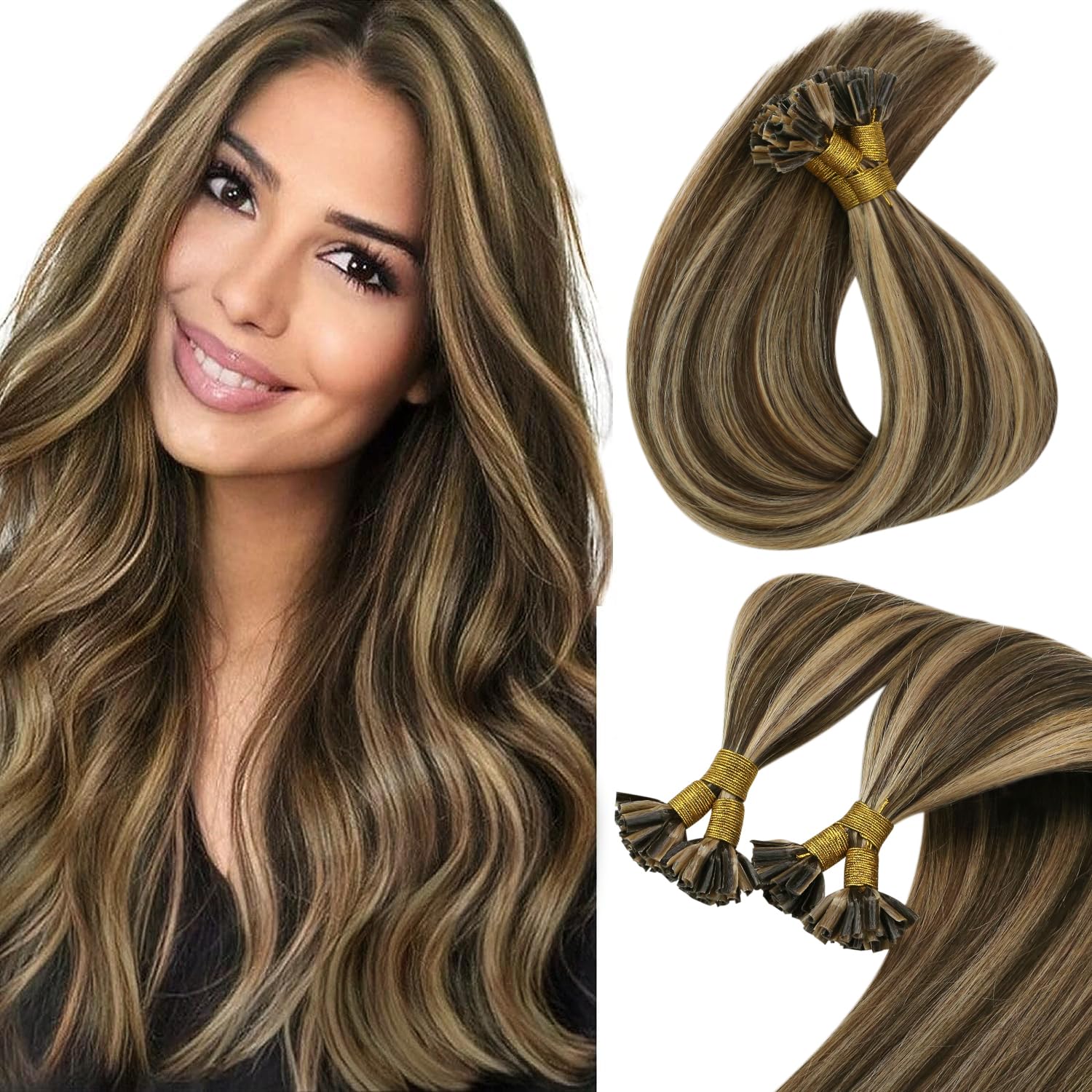 Sunny U Tip Hair Extensions Human Hair #4 Medium Brown Highlights #27 Caramel Blonde Utip Hair Extensions Straight U Tips Real H