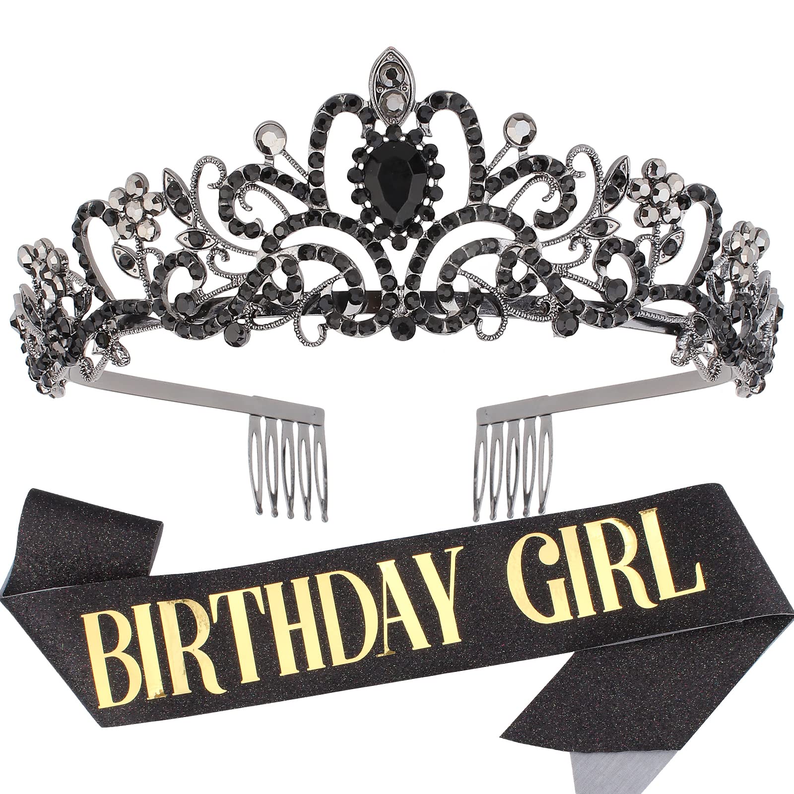 'Birthday Girl'' Sash & Rhinestone Tiara Set Black Silver COCIDE Birthday Sash and Crown for Women Birthday Decoration Kit Rhin