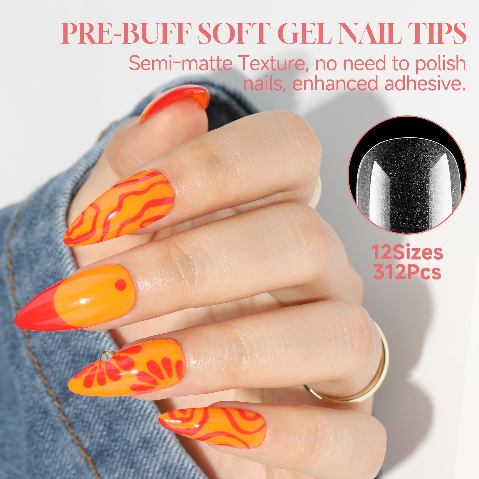 Una Gella Stiletto Gel X Nail Tips Full Cover 312Pcs No C Curve Stiletto Nail Tips Pre-Buff Press On Nails Half Matte Stiletto A
