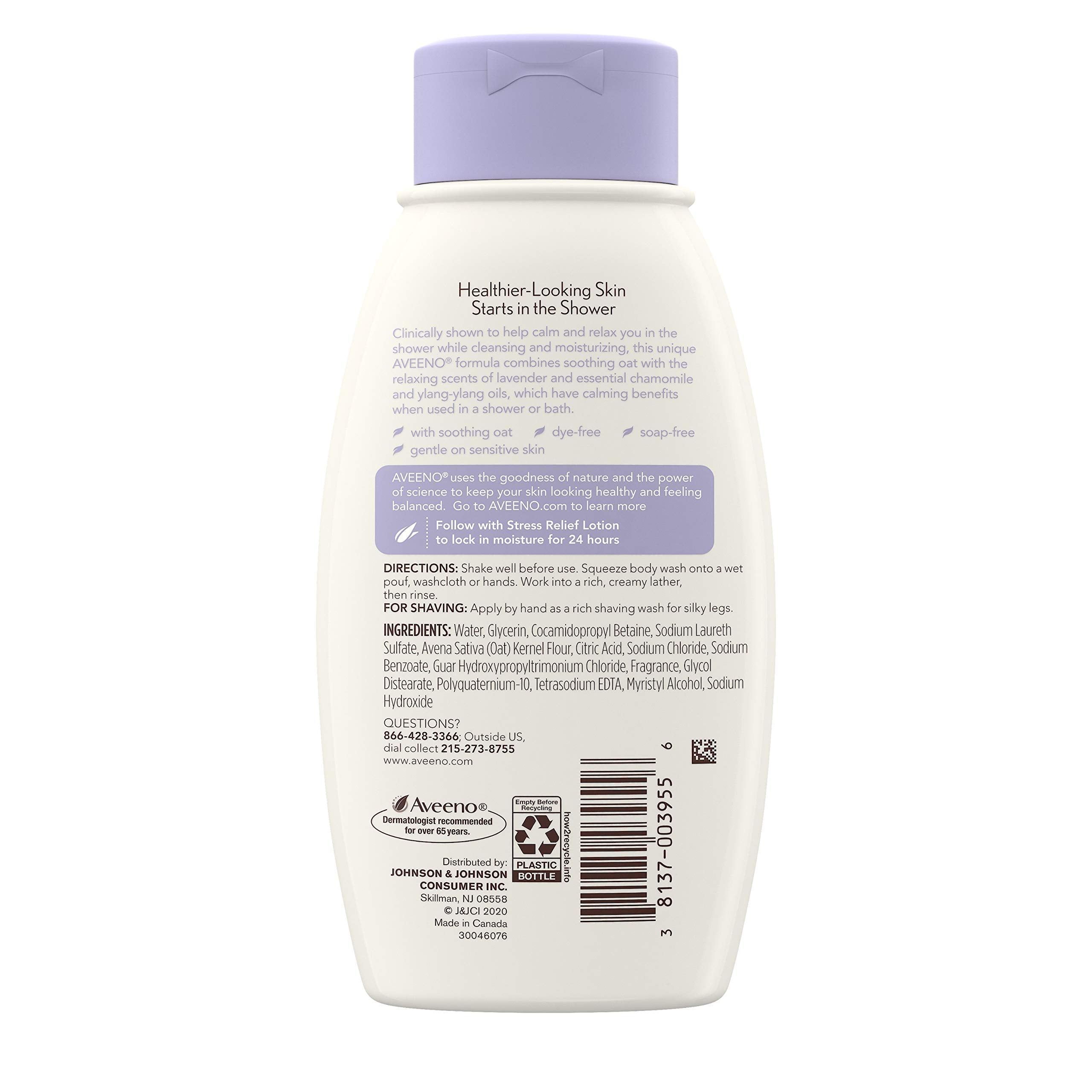 Aveeno Stress Relief Body Wash With Soothing Oat, Lavender, Chamomile & Ylang-Ylang Essential Oils, Dye- & Soap-Free Calming Bod