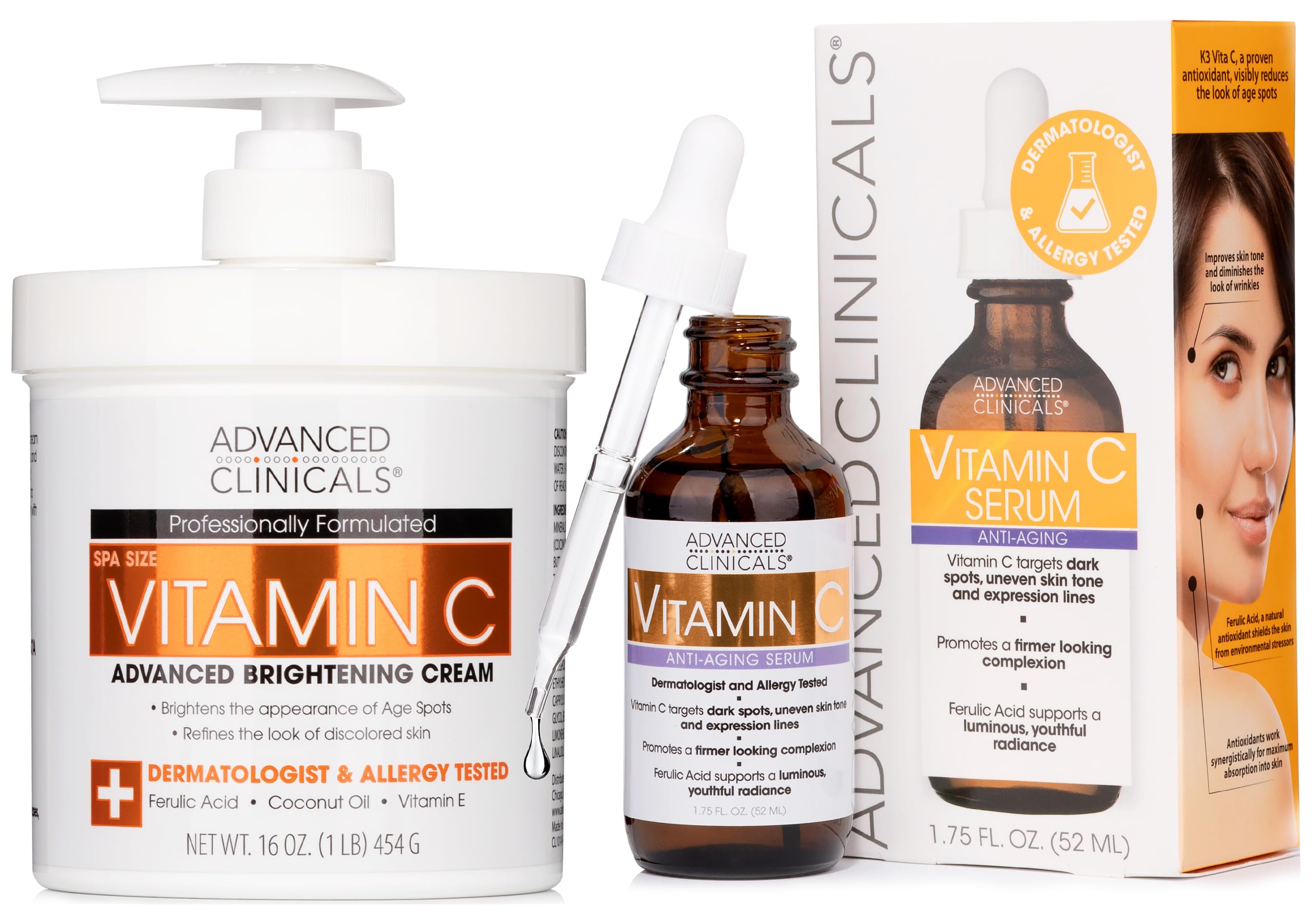 Advanced Clinicals Vitamin C Body Lotion + Potent Vitamin C Serum 2pc Bundle | Face Serum & Body Cream Brightening Skin Care Set