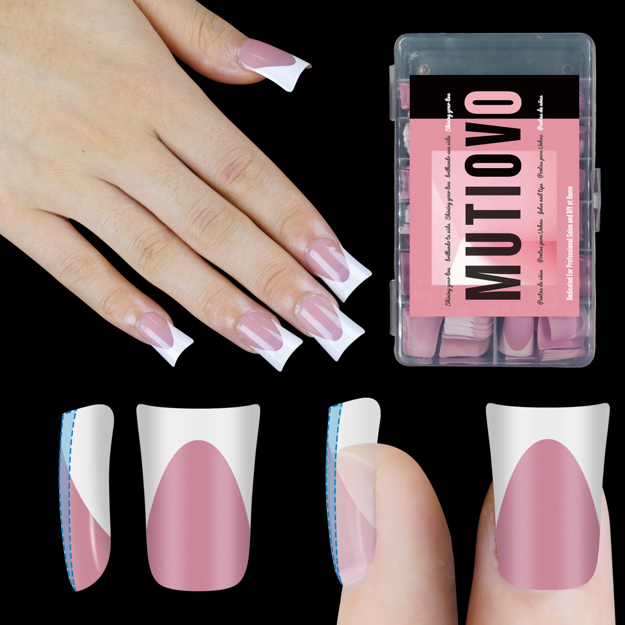 MUTIOVO White French Tip Short Duck Nail Tips Press on, BERRY PINK Extra Thick Pre-designed Soft Gel Nail Extension, Need Builde