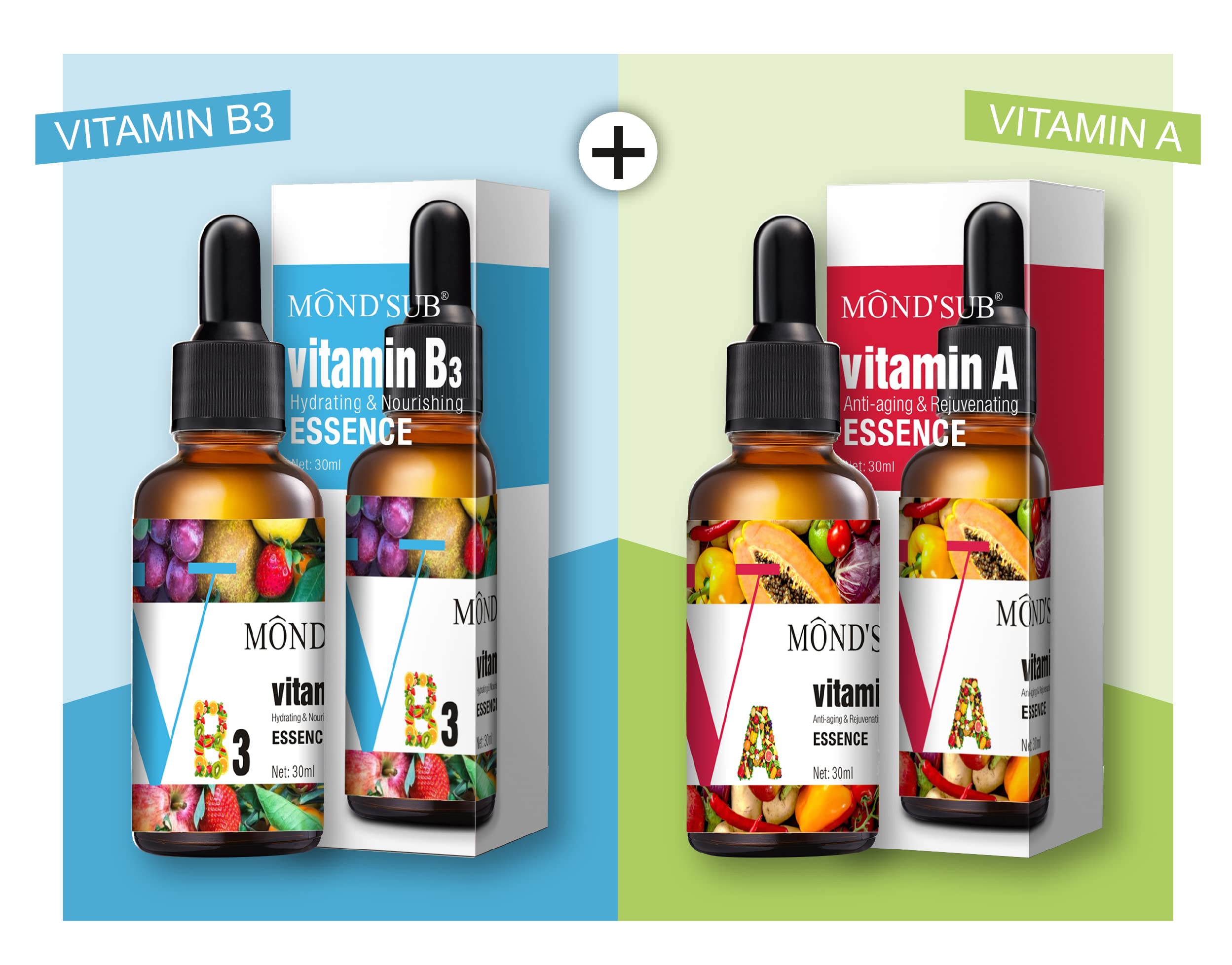 MondSub Vitamin B3 Face Serum With Niacinamide & Vitamin C For Healthy Skin, Reduces Spots 30Ml & MondSub Vitamin A Serum With