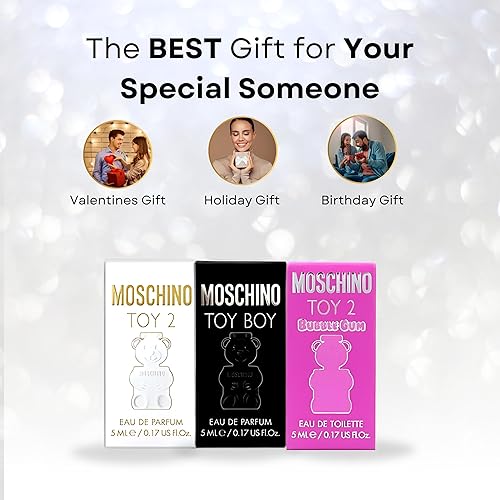 Moschino 3 Pcs Toy Mini Set: Toy Boy 5 Ml Eau De Parfum + Toy 2 Bubble Gum 5 Ml Eau De Toilette + Toy 2 5 Ml Eau De Parfum.