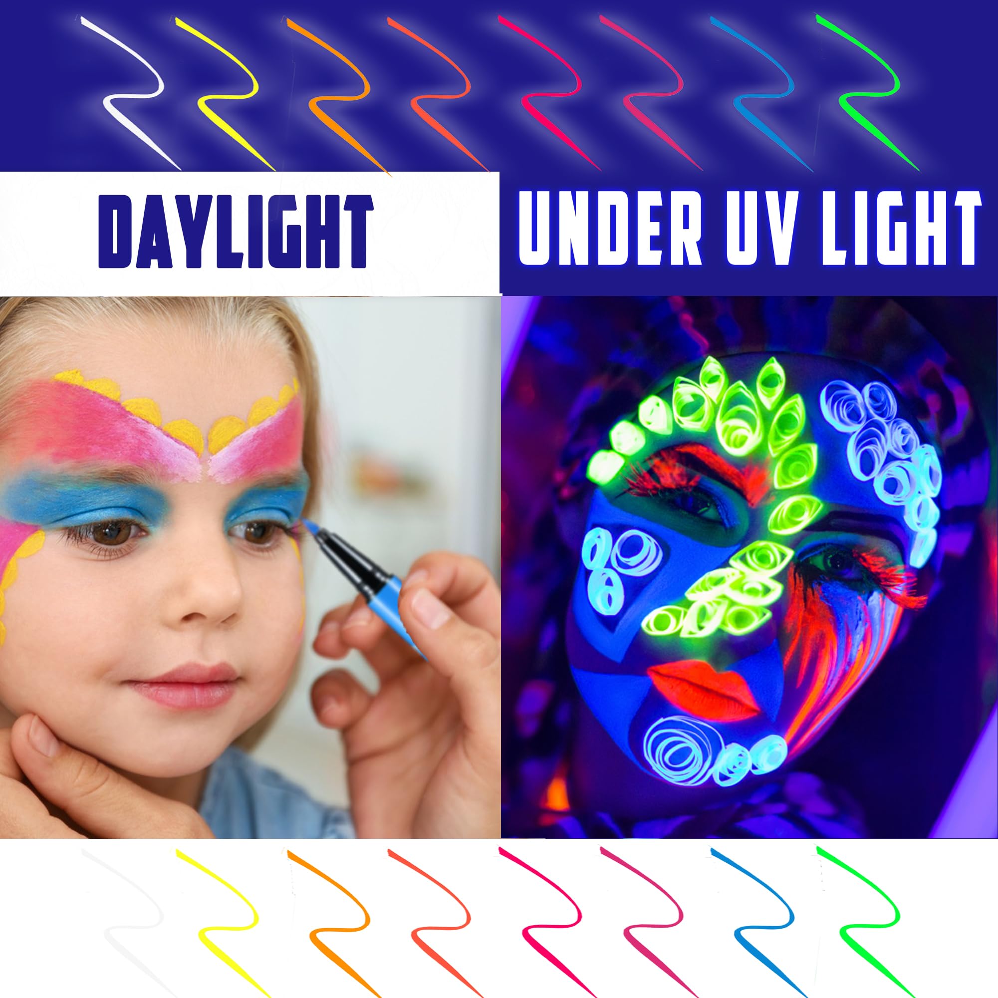Ccbeauty Liquid Face Paint Makeup 8 Colors Sweatproof Smudgeproof, Waterproof Uv Glow Neon Eye Liner Set, Body Painting Kit For