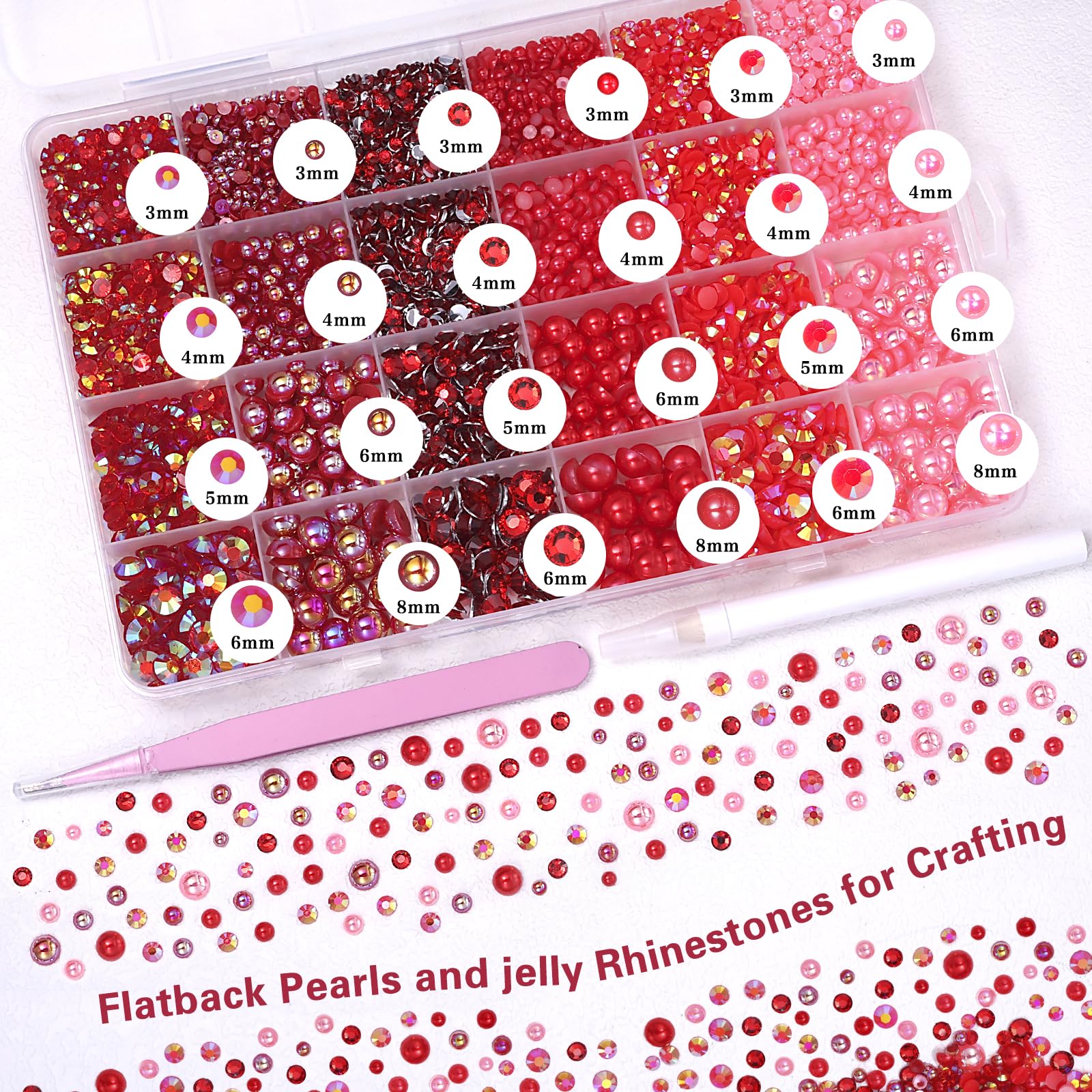 9000 Pcs Red Flatback Pearls and Rhinestones for Crafts, 3/4/5/6mm Jelly Resin Rhinestones, Mixed Size 3/4/6/8mm Half Pearl Beda