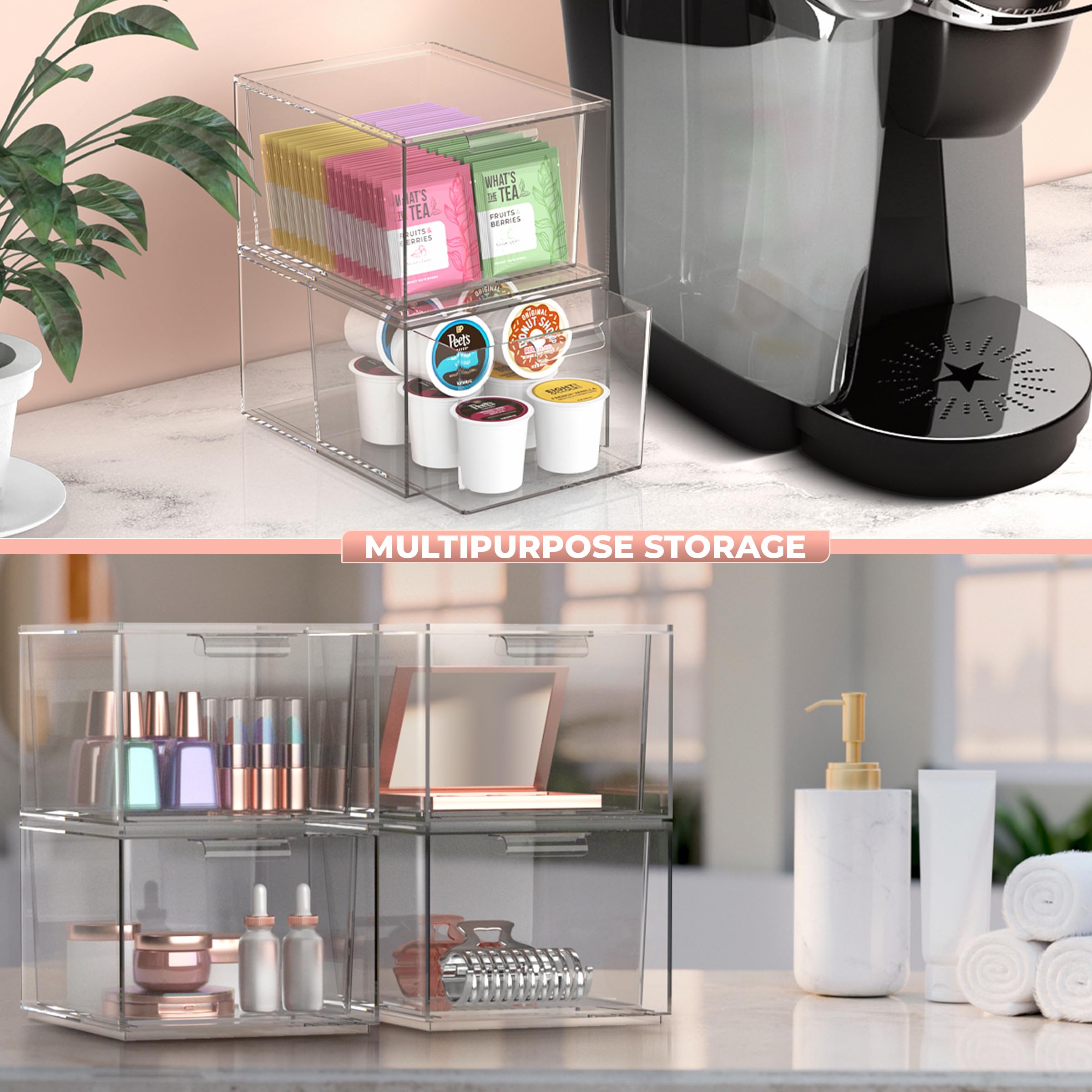 Sorbus 2 Pack Makeup Organizer - Clear Stackable Acrylic Drawer Organizer For Vanity, Bathroom, Undersink, Cabinets, Jewelry, St