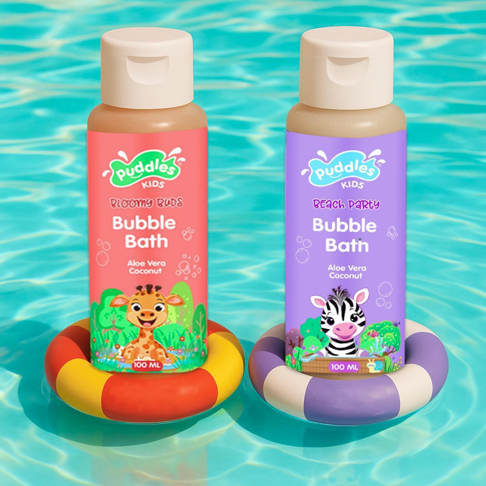 Puddles Kids TearFree Bubble Bath & Wash Duo (2 X 100 Ml) | Aloe Vera & Coconut | Bloomy Buds & Beach Party | For Kids Age 2+ |