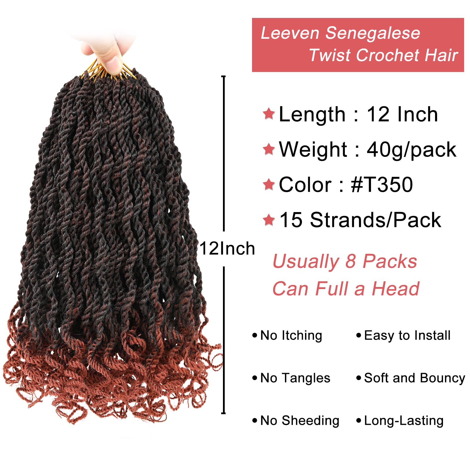 Leeven 12 Inch Senegalese Twist Crochet Hair With Curly Ends 8 Packs Ombre Copper Red Pre Looped Short Wavy Crochet Braids For K