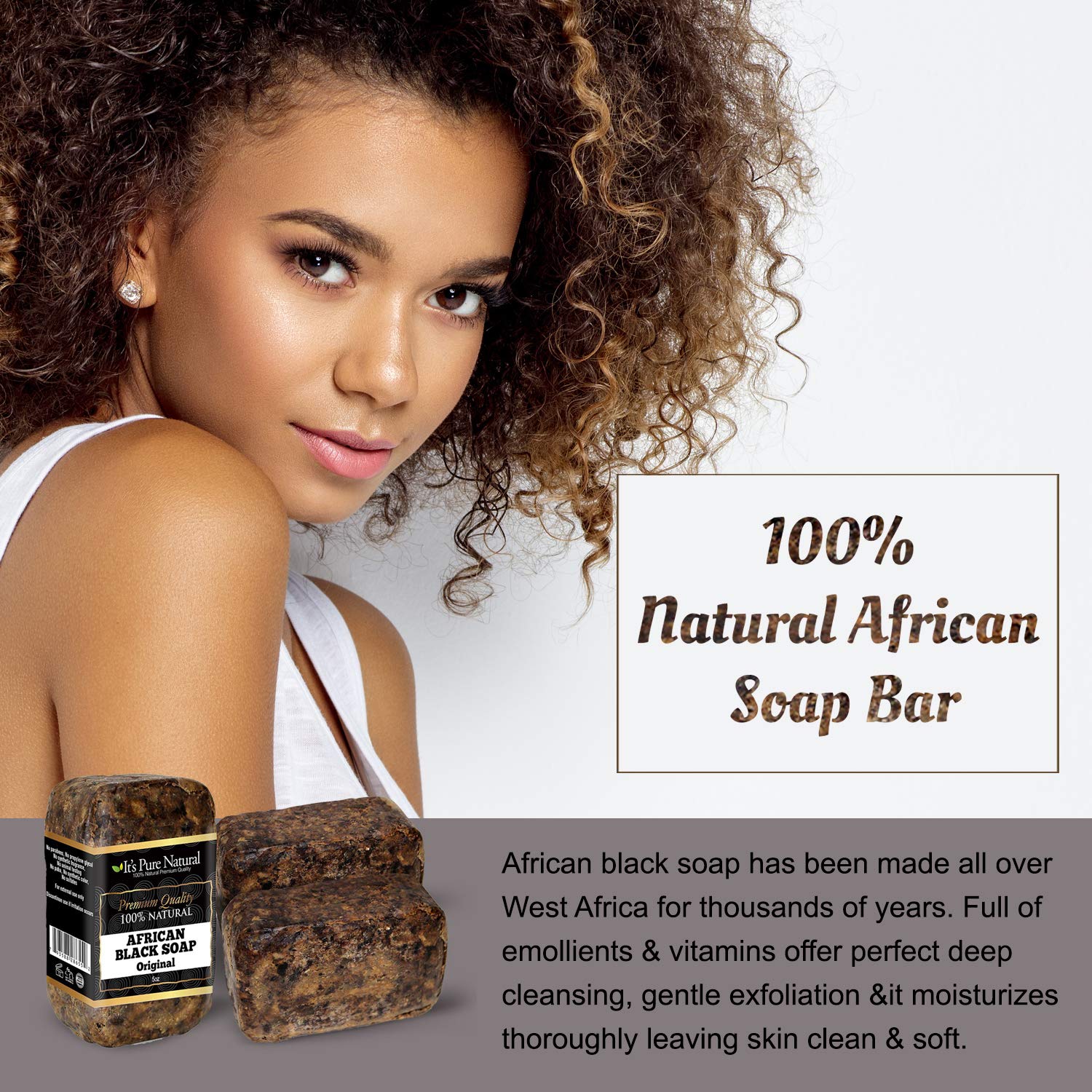It's Pure Natural African Black Soap Bars Original (Pack of 3) Organic Raw Soap for Face & Body, Acne Treatment & Dark Spot Remo