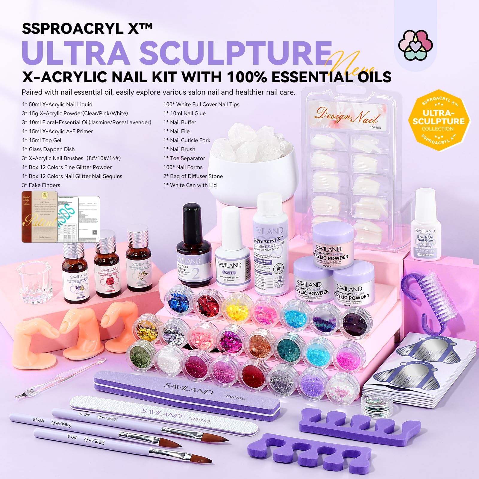 Saviland Sspro Acrylic Nail Kit: Clear White Pink Acrylic Powder For Beginners Acrylic Liquid Set With Brush Nail Practice Finge