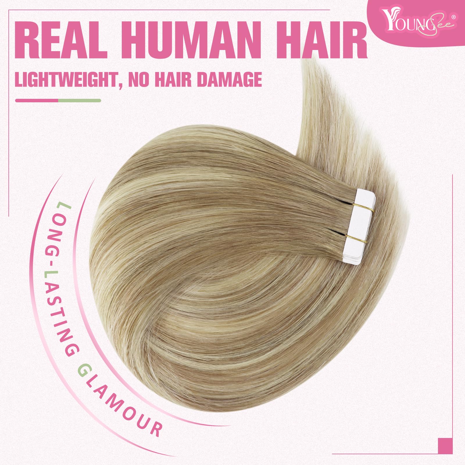 YoungSee Tape in Hair Extensions Human Hair Balayage Tape ins Human Hair Extensions Golden Brown Ombre Platinum Blonde Real Huma