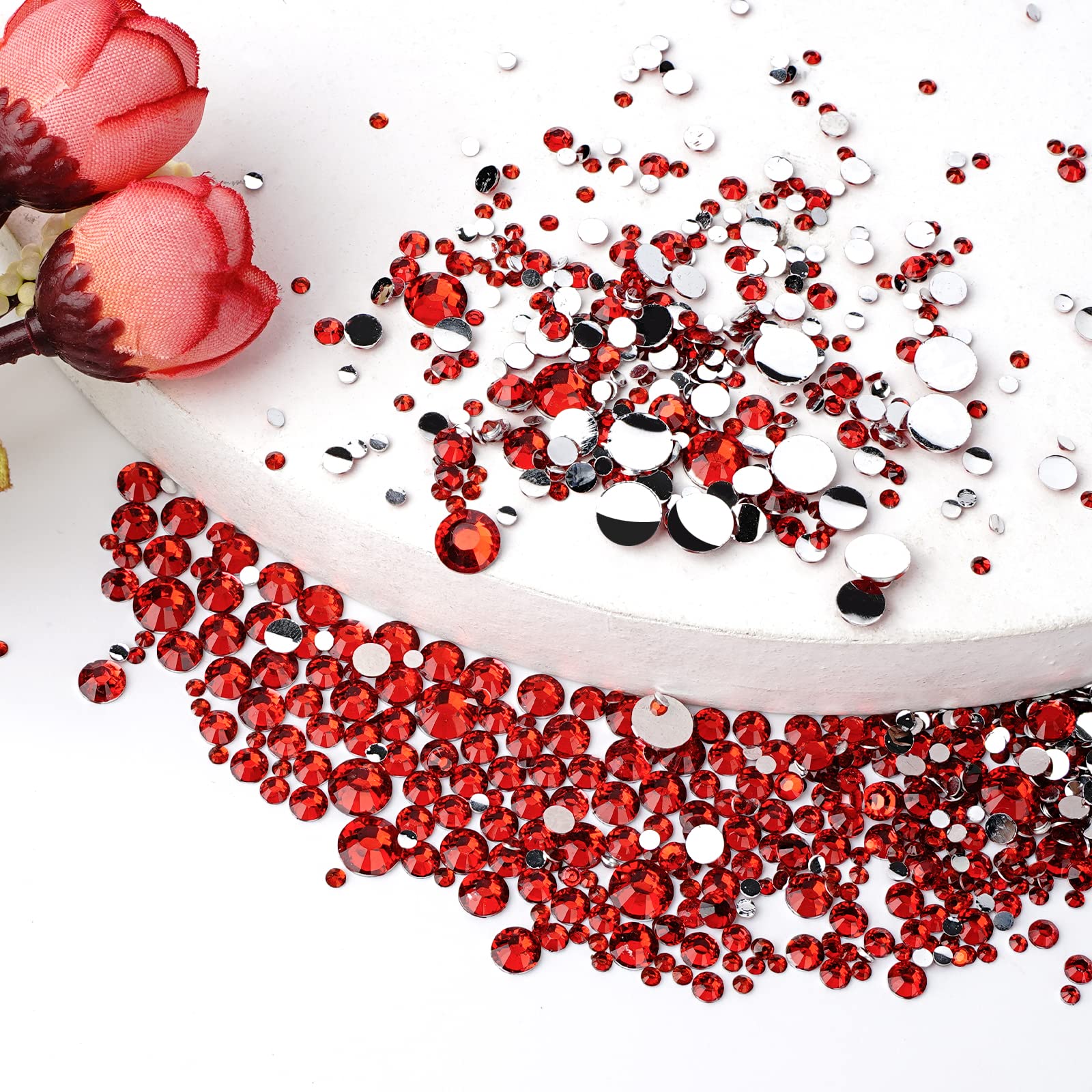 Canvalite 1500Pcs Red Rhinestones Flat Back Gems, Nail Rhinestones Nail Art Gems With Pick Up Tweezers And Rhinestone Picker Dot