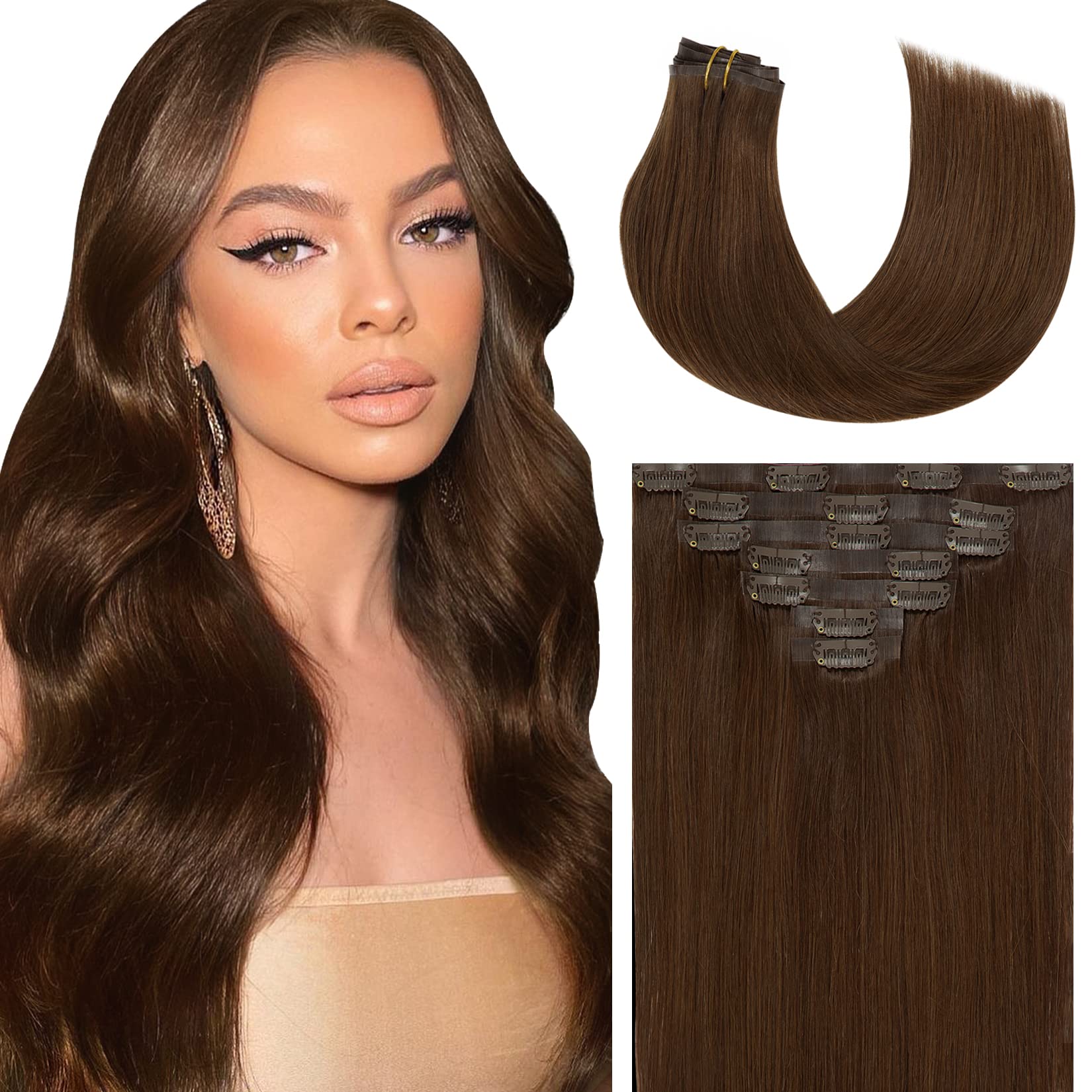 Caliee Seamless Hair Extensions Clip in Human Hair 110G Clip on for Fine Hair Real Hair Extensions 7Pcs Full Head Virgin Hair Ch