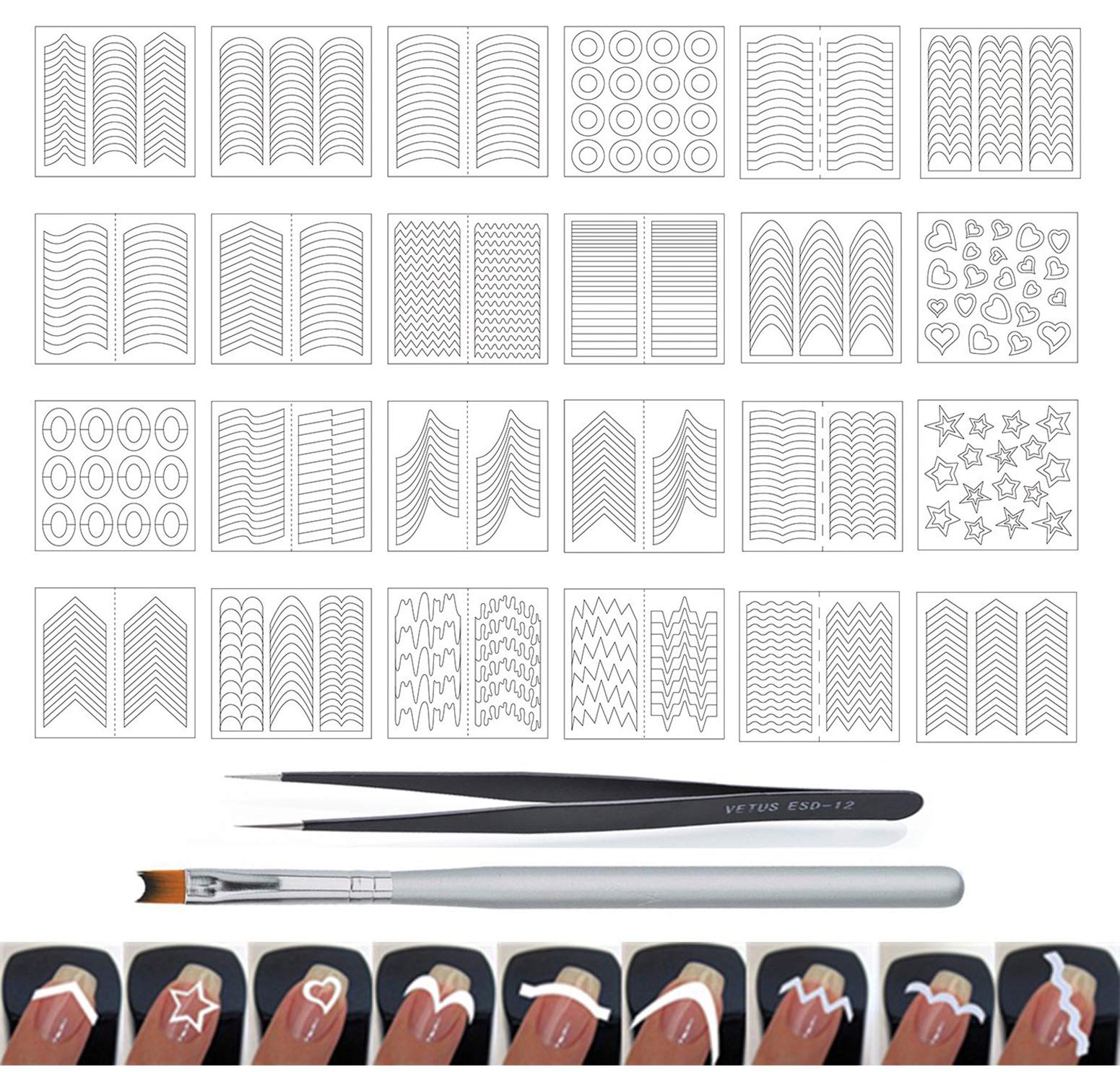Wokoto 24 Sheets French Nail Stickers For Women Heart Shape Star Wave Smile Shapes Image French Tip Guides Stickers With 1 Pcs A