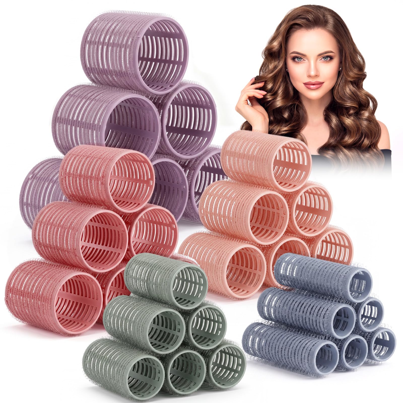 Wavyknot 30 Pcs Self Grip Hair Rollers for Womem, with 5 Sizes, Morandi