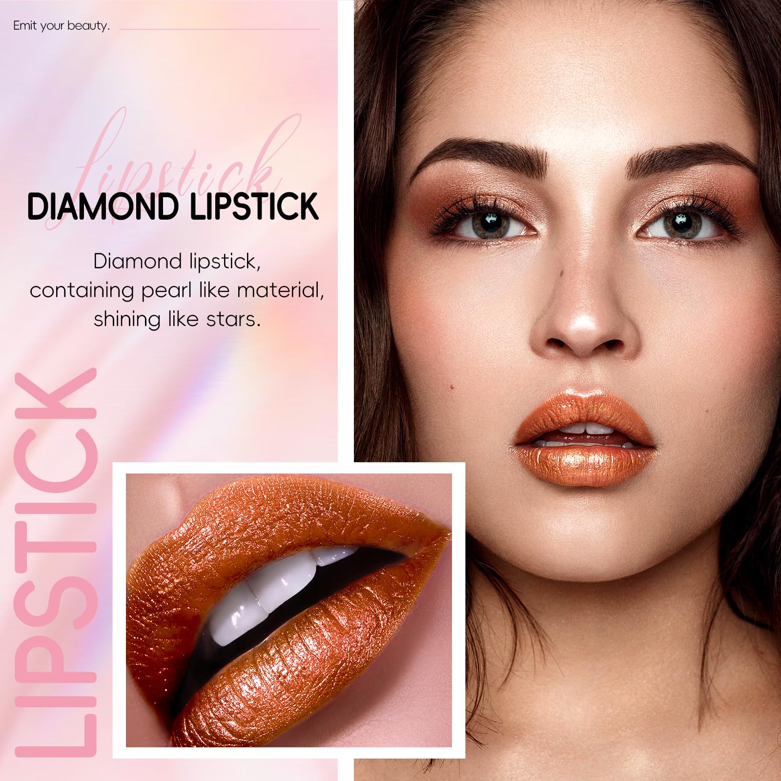 Hosaily Metallic Coral Orange Lipstick Long Lasting, High Shine Glitter Diamond Creamy Lipstick Transfer Proof, Shimmer High Imp