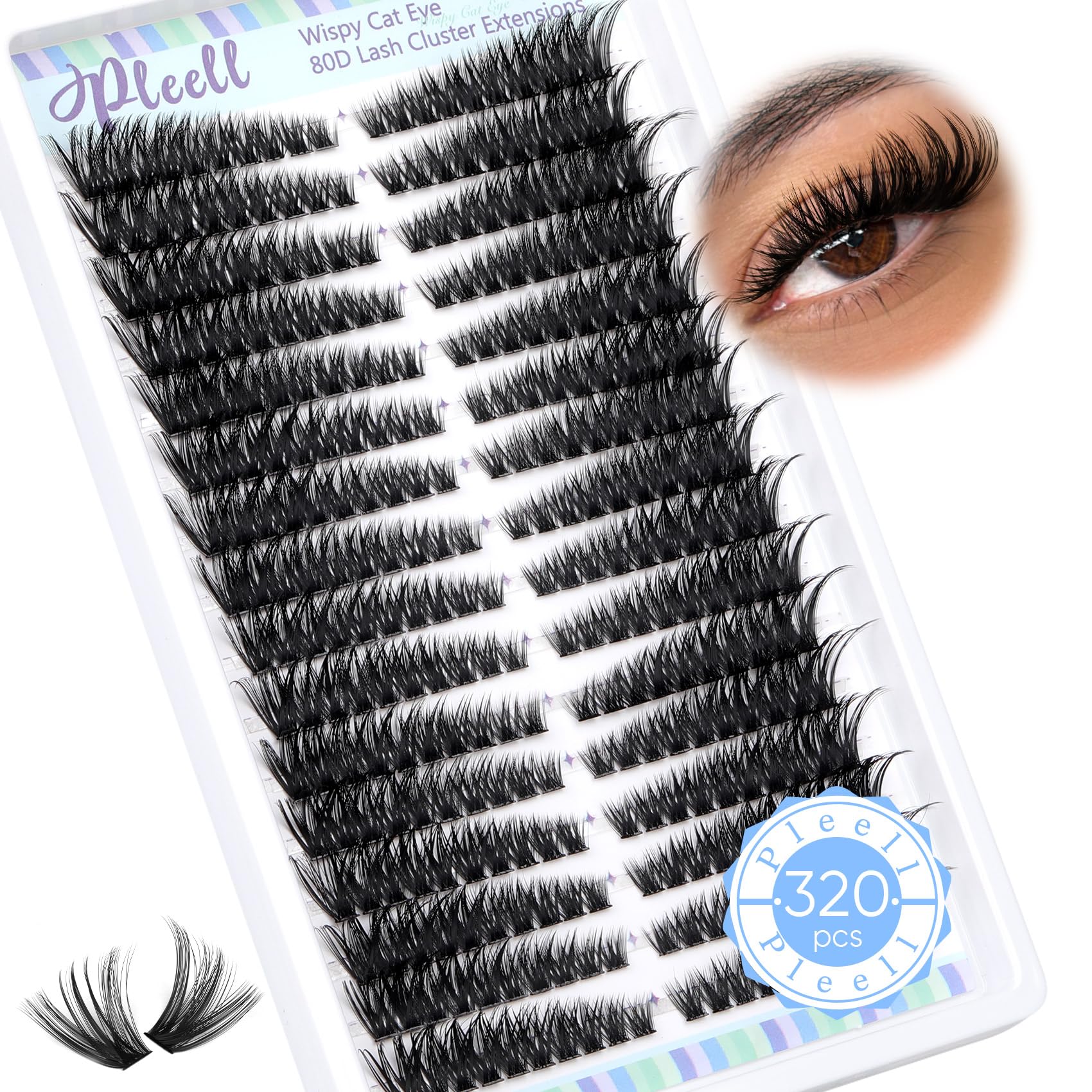 Pleell Lash Clusters 320 Pcs Individual Lashes Clusters 7-16 MM Cat Eye Wispy Eyelash Clusters D Curl 80D Cluster Eyelash Extens