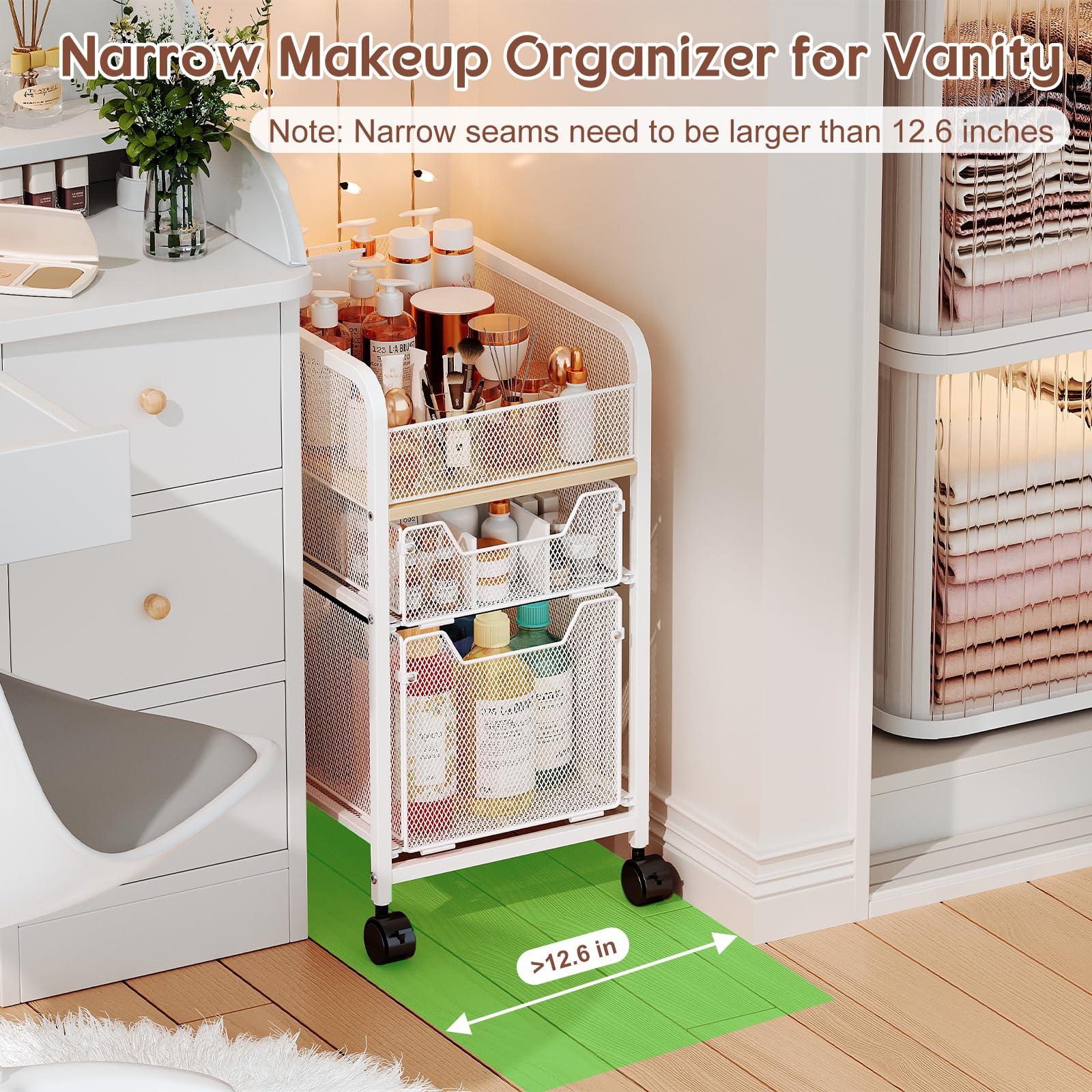 Hongtamoya Rolling Makeup Cart Organizer with 2 Drawers, Narrow Floor Skincare Organizers, Vanity Organizer Cosmetics Display Ca