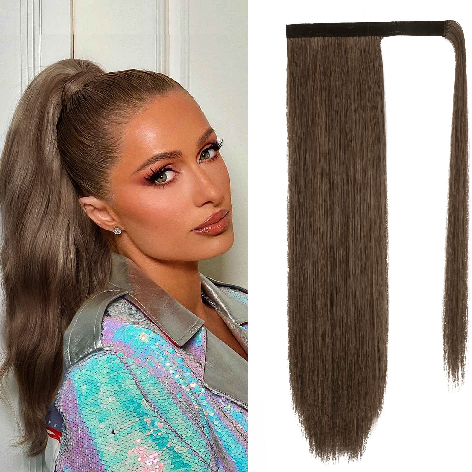 BARSDAR 20 Inch Ponytail Extension Long Straight Wrap Around Clip in Synthetic Fiber Hair for Women -Dark Brown mix Auburn Evenl