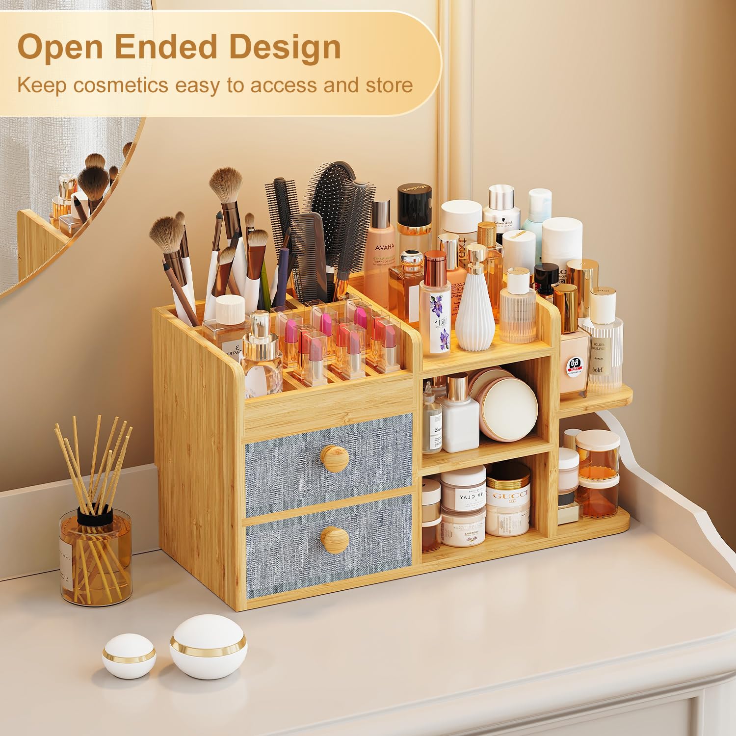 Large Makeup Organizer Countertop For Vanity Dresser, Bamboo Bathroom Counter Organizers And Storage,Cosmetic Skincare Perfume O