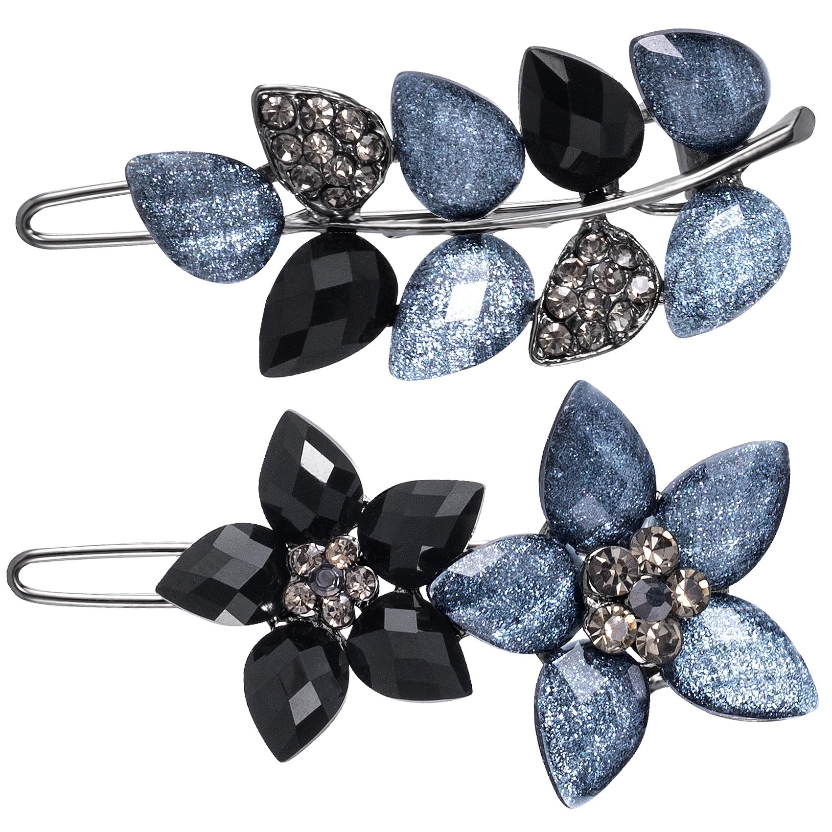 HINZIC 2Pcs 2inch Vintage Rhinestone Hair Barrettes, Gray Black Sparkly Crystal Clips, Small Flower Fancy Decorative Hair Pins W