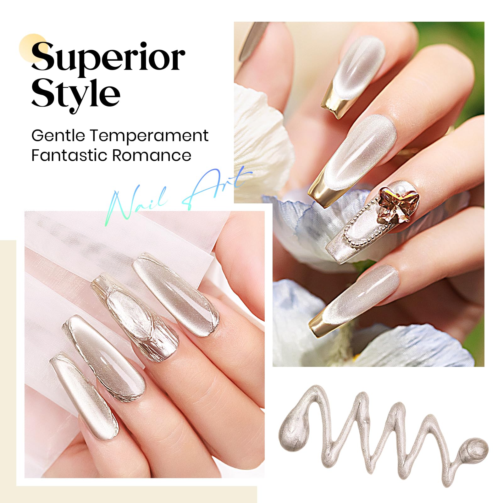 Mizhse Cat Eye Gel Nail Polish: Silver Magnetic Gel Polish With Magnet Stick Metallic Mirror Chrome Powder, Maillard Style Magic