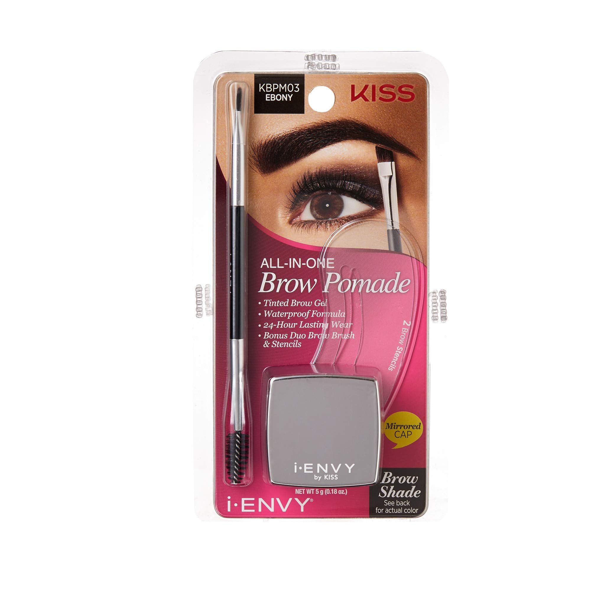 Ienvy By Kiss All-In-One Brow Pomade Ebony Kbpm03 Waterproof Long Lasting Mirror Cap Stencils Included