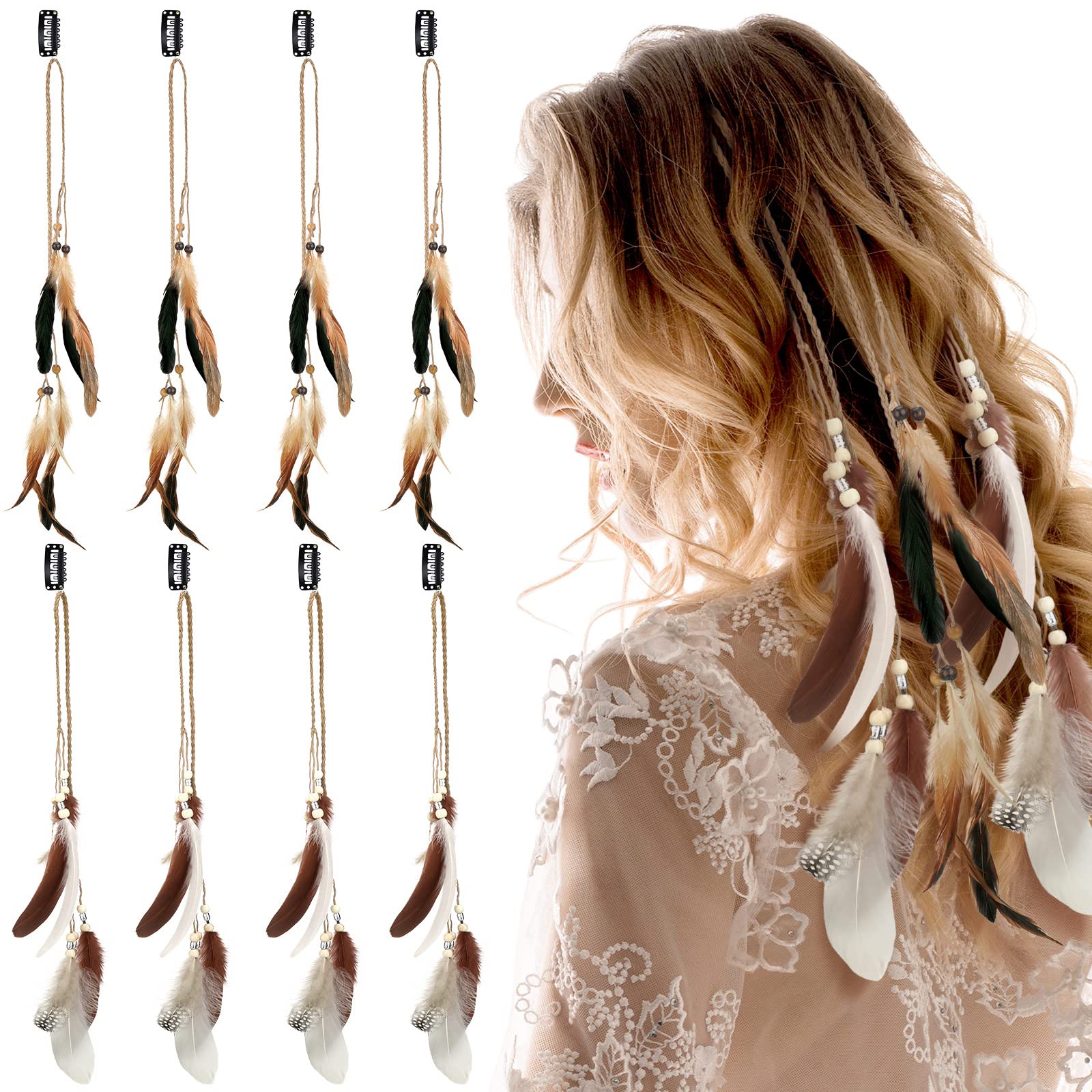 8 Pcs Handmade Boho Hair Extensions with Feather Clip Comb, Braided Beads Headdress, and Pirate Hair Accessories for Women Girls