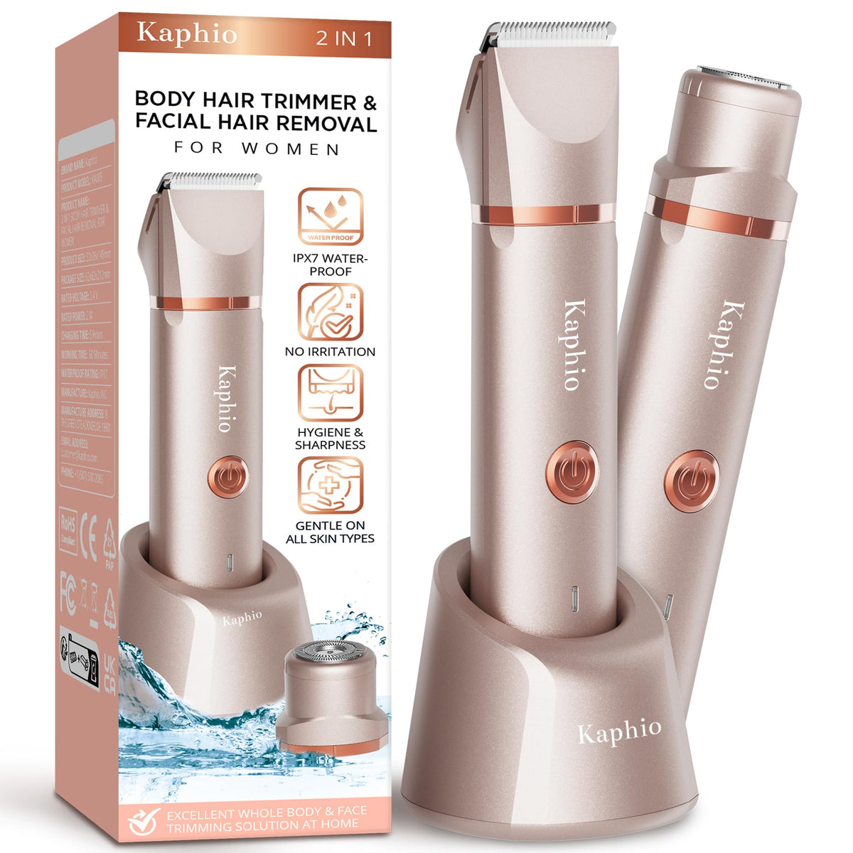 Kaphio Electric Bikini Trimer Shaver Women: 2 In 1 Ipx7 Waterproof Wet & Dry Use Body Hair Trimmer And Facial Hair Remover - Rec