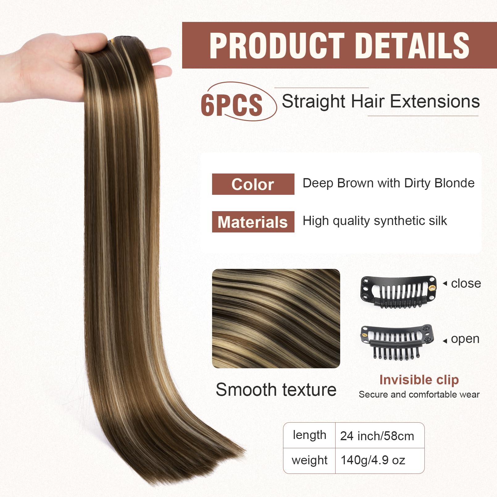 Flufymooz 6Pc Clip In Hair Extensions 24'' Straight Long Extensions For Women Synthetic Hairpiece (Deep Brown With Dirty Blonde)