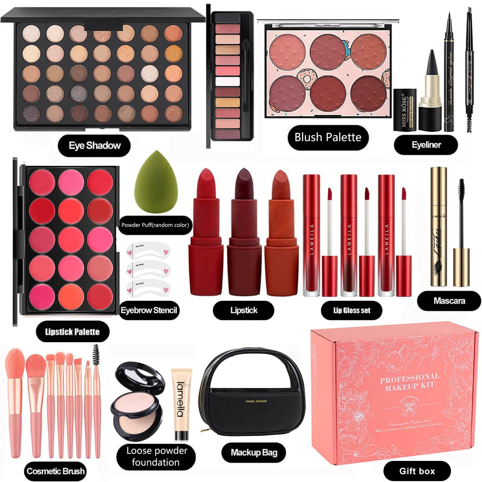 MISS ROSE M All In One Full Makeup Kit,Multipurpose Women 's Makeup Sets,Beginners and Professionals Alike,Easy to Carry (Black)