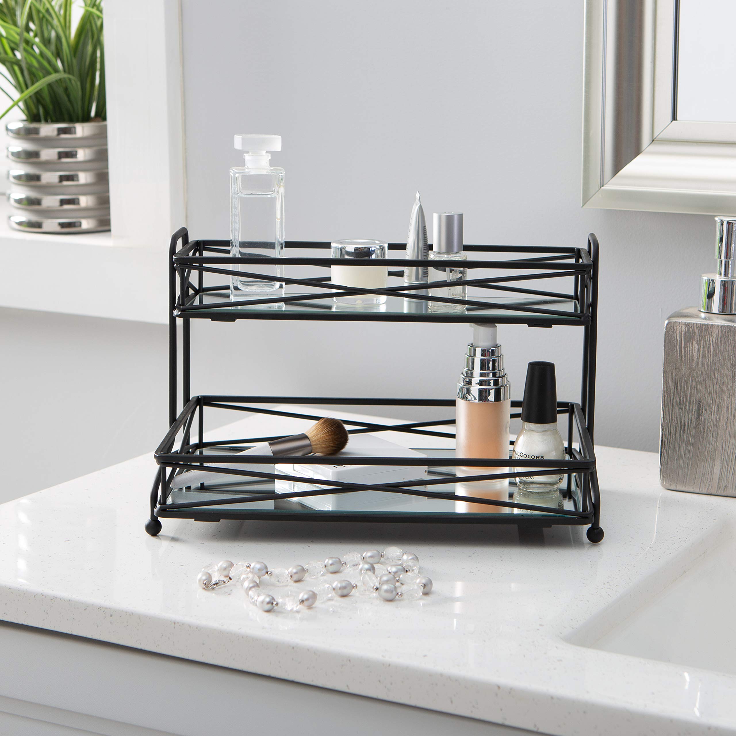 Home Details Mirrored, Perfect For Perfumes, Jewelry, Makeup, Cosmetic Organizer, Stylish Decor In Matte Black 2 Tier Vanity Tow