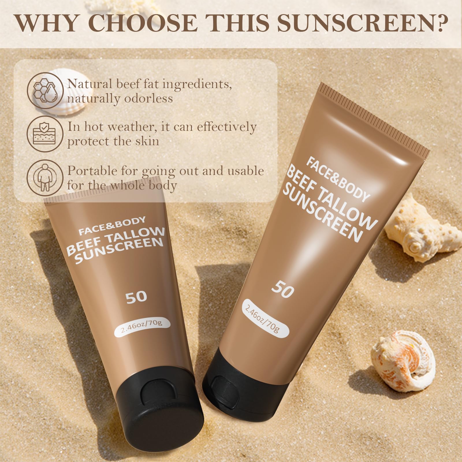 Beef Tallow Sunscreen, Sunscreen for Face, Natural Reef Safe Sunblock for Face Body, Non Greasy Clean Travel Sun Screen Sunblock