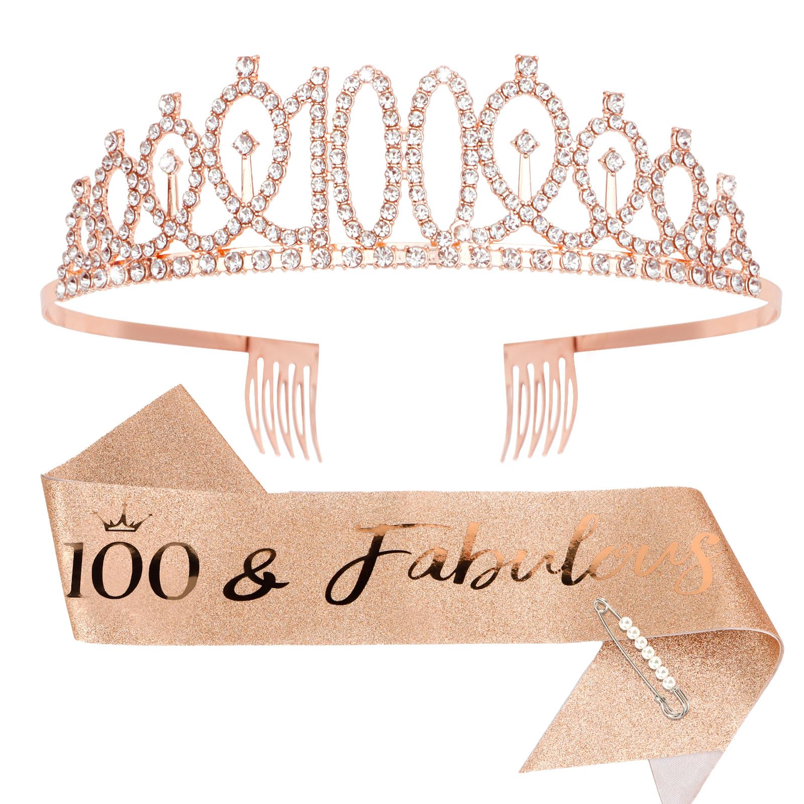 CIEHER 100th Birthday Crown + 100 & Fabulous Birthday Sash + Pearl Pin Set, 100th Birthday Gifts for Women Friends 100th Birthda