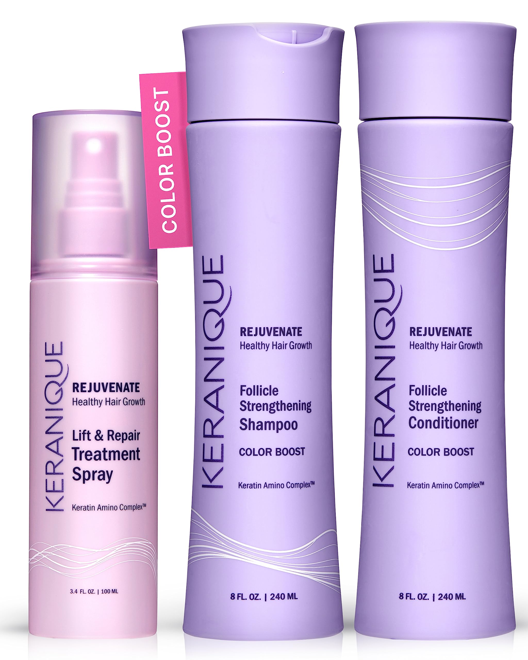Keranique Color Treated Shampoo and Conditioner Set with Hair Thickening Spray - Keratin Enriched Color Boost Set w/Shampoo & Co