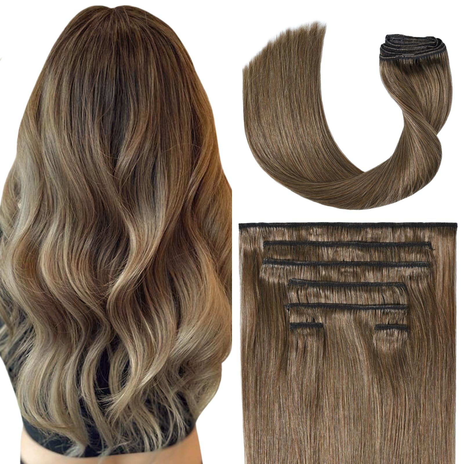 UGOTRAYS Ash Brown Clip in Hair Extensions Real Human Hair, 70G Remy Human Hair Clip in Extensions 15 Inches Soft Silky Straight
