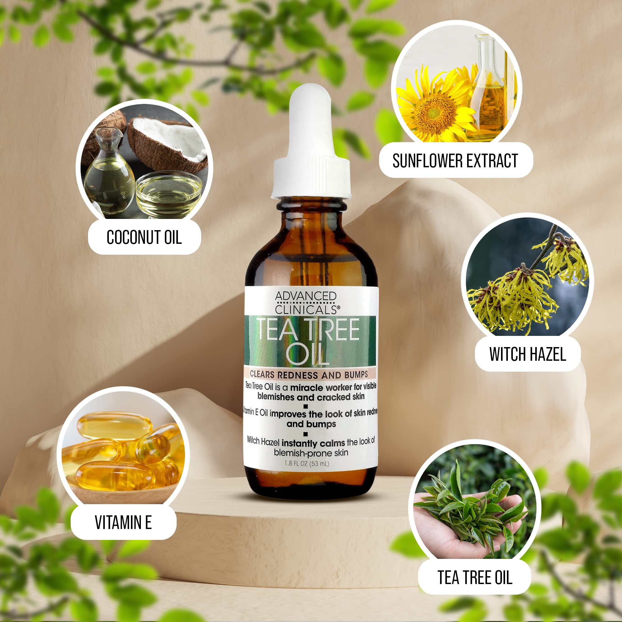 Advanced Clinicals Vegan Tea Tree Oil For Skin | Acne Patch Vegan Facial Serum | Targets Redness, Bumps, Breakouts, & Acne Scars