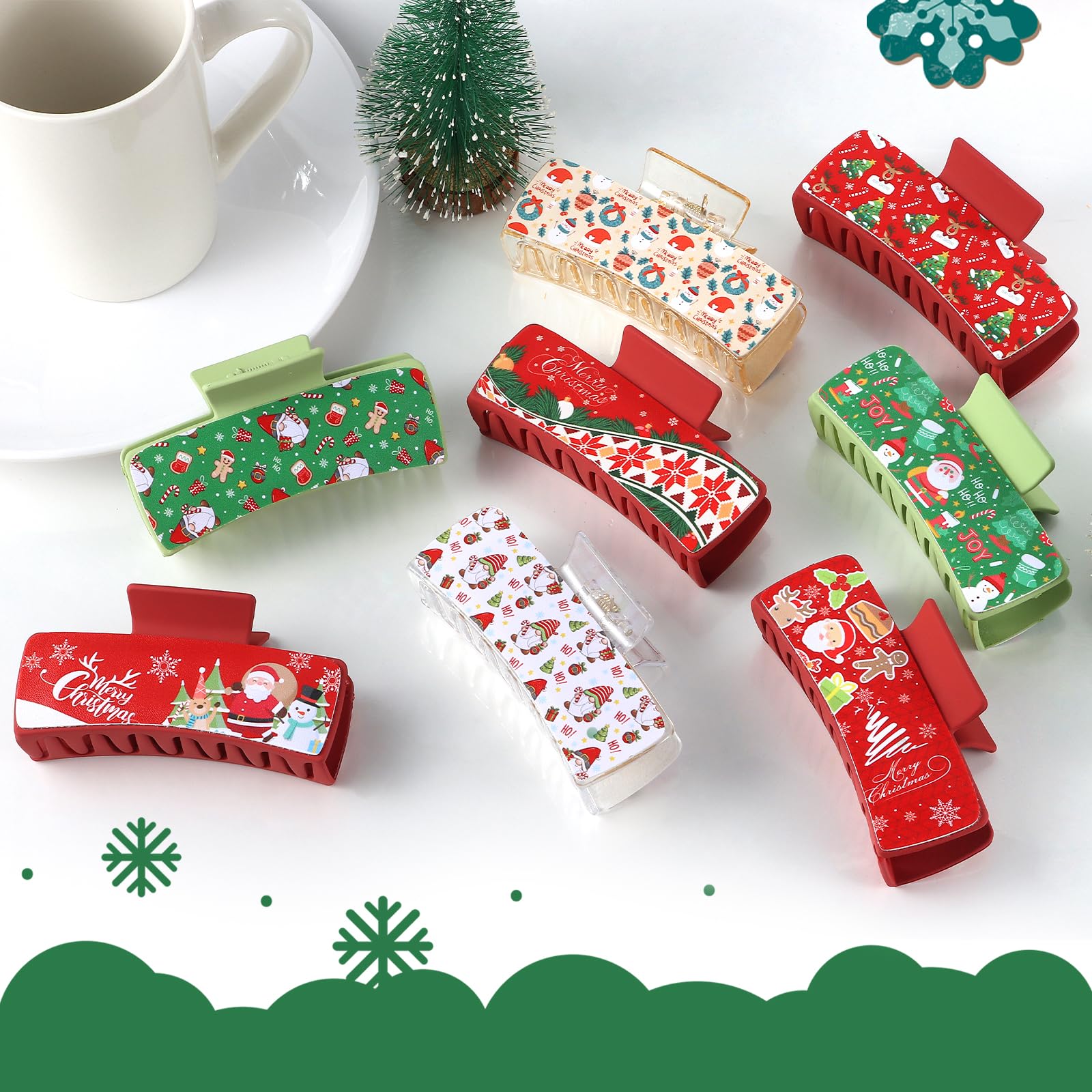 Liyiq 8Pcs Christmas Claw Clips Christmas Hair Accessories For Women French Claw Clip Xmas Holiday Hair Clips Santa Claus Snowfl